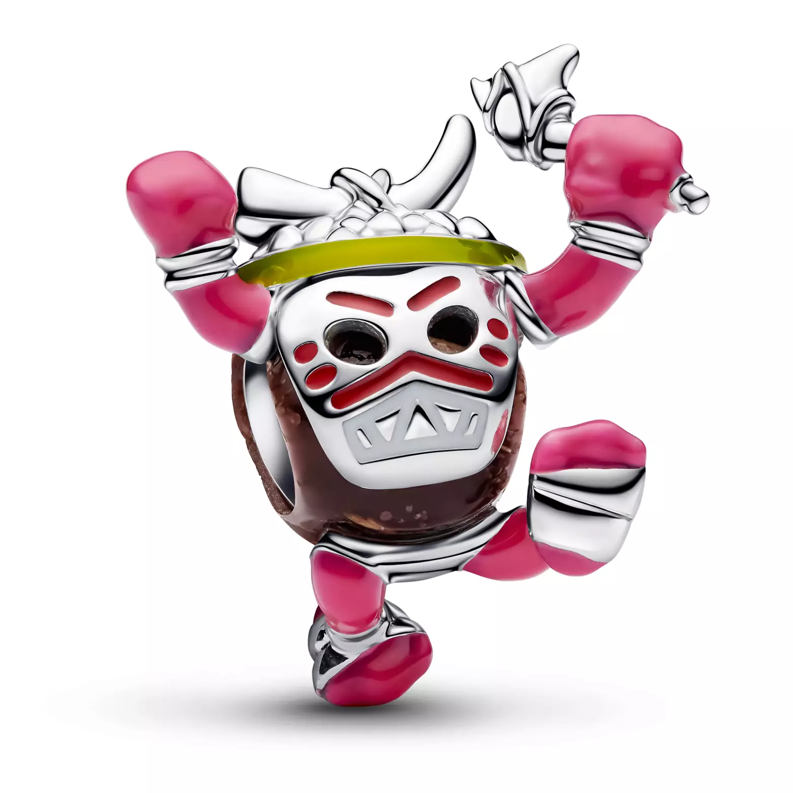 This Kakamora charm is also silver with enamel detailing. The body of the coconut Kakamora is brown with pink and red details. It is holding a hammer weapon and wearing a headpiece, which are both silver.