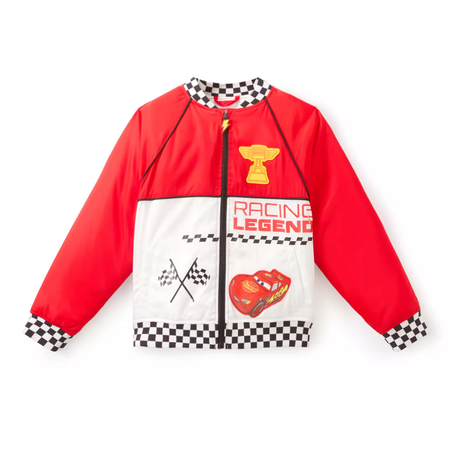 Diese Kinderjacke hat ein ähnliches Design wie die oben genannte Erwachsenenjacke, mit einem zusätzlichen schwarz-weißen Schachbrettmuster am Hals. Unten ist ein Blitz mit den Worten abgebildet "Rennlegende" in Rot über ihm. Darüber ist der Kolbenbecher zu sehen. 