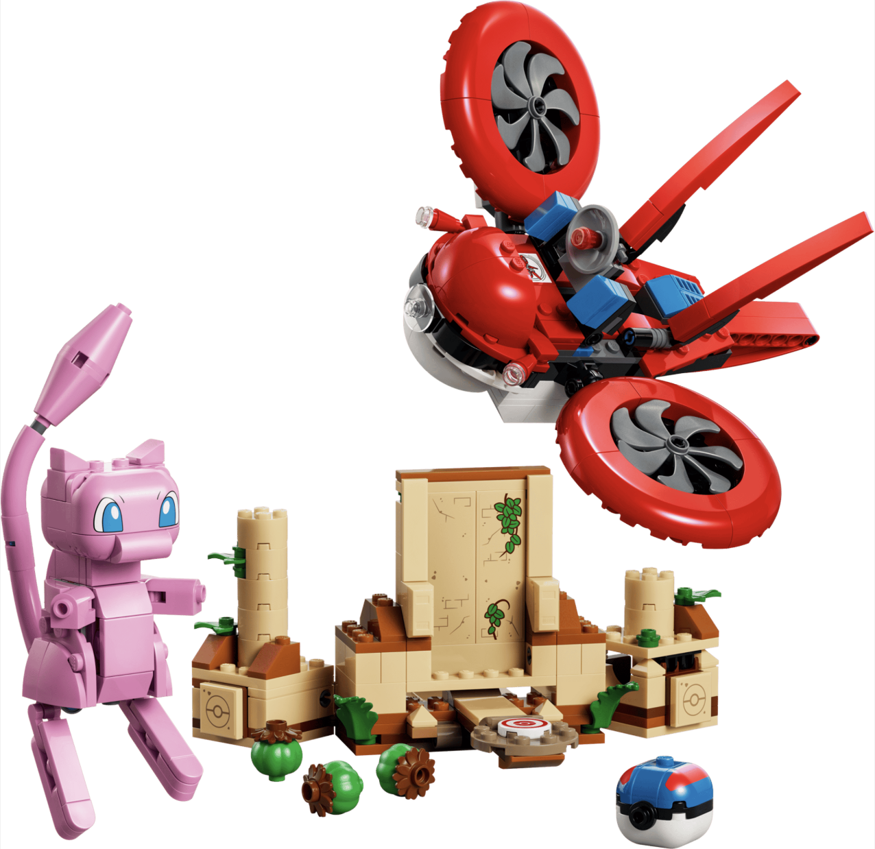 This 429-piece set features the Mythical Pokémon Mew. Builders can search for Mew in ancient runes using a Poké Ball inspired drone.