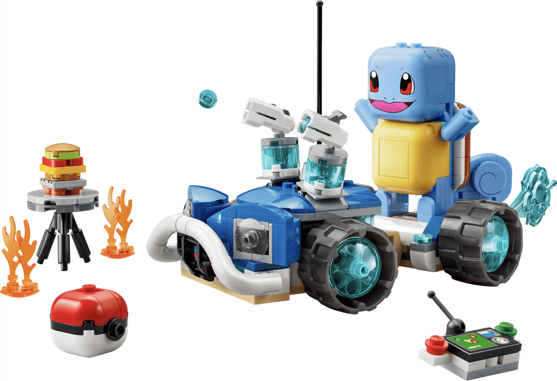 Take Squirtle out for a ride in a beach buggy with this 320-piece set. The vehicle has 2 water stud shooters and a water stud storage compartment for Squirtle and the Trainer to extinguish fires at the veggie grill.