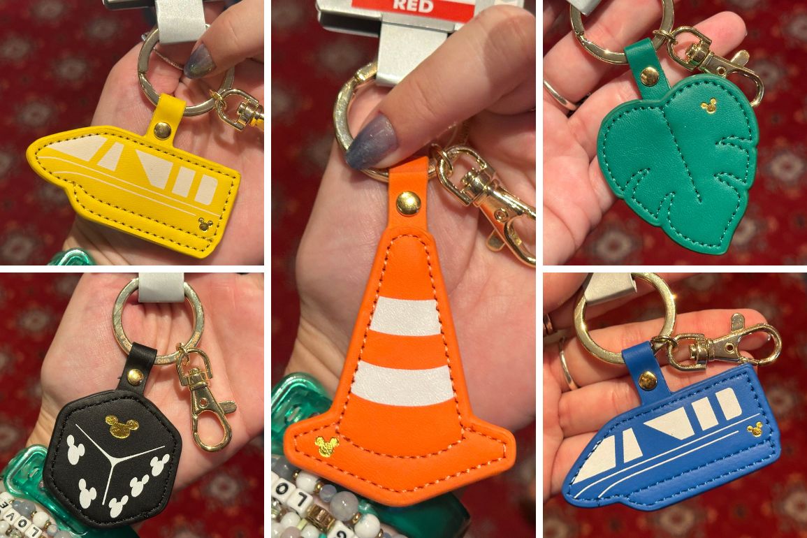 Logo Mania keychains have arrived at Walt Disney World, including monorail, dice, tropical leaf, and traffic cone