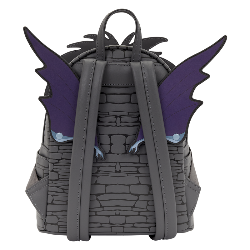 There are two exterior side pockets on the bag. The sides and back are covered in a grey, brick pattern like the buildings on which the gargoyles are seen spending time in the series.