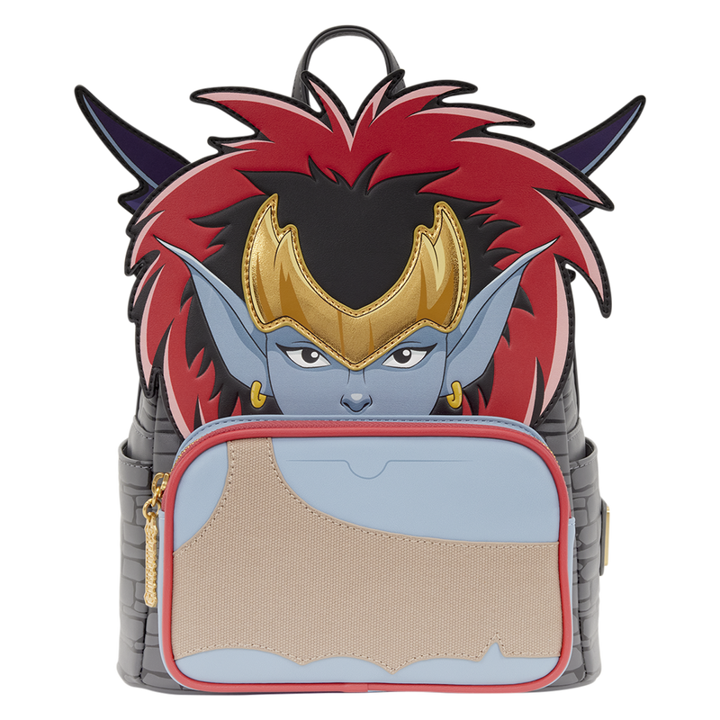 While Goliath gets a lot of the attention in conversations around Gargoyles, Demona was often right there, too. This mini cosplay backpack from Loungefly puts her in the spotlight with the top half of her face and her vibrant red and black hair on the front of the bag. In front of the bottom of her face is an exterior, zippered pocket that shows her tan crop top outfit.