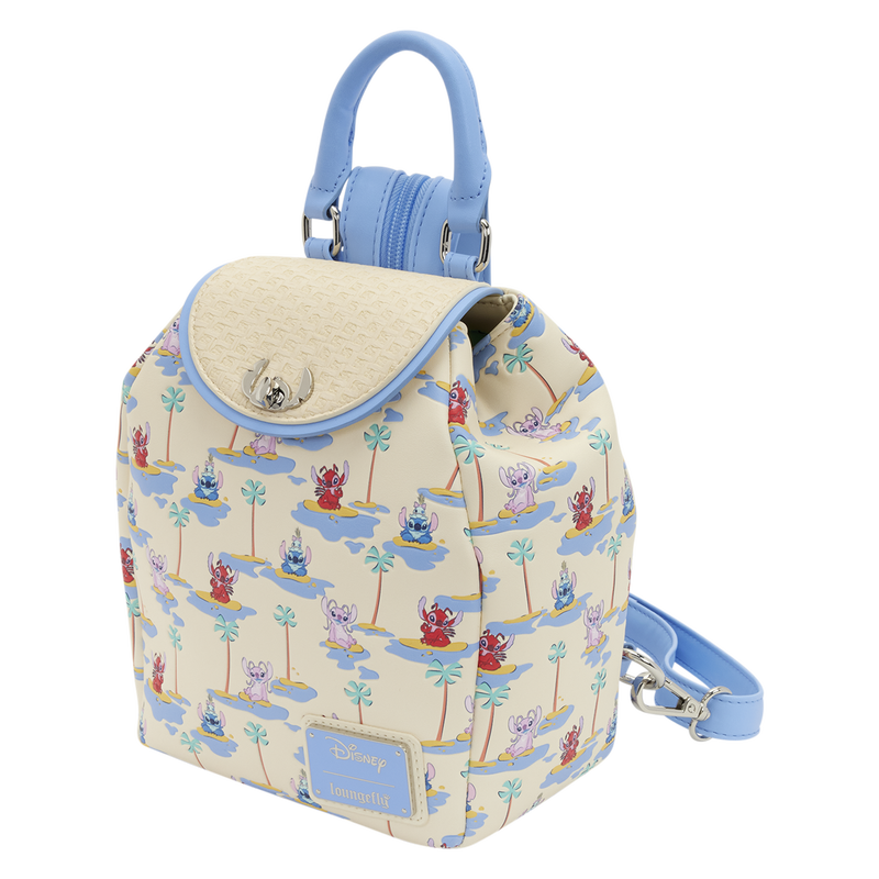 This sand-colored polyurethane backpack features an all-over pattern with images of Stitch, Angel, and Leroy at the beach with palm trees and water. The top flap has a basket weave texture and a Stitch-shaped turnlock.