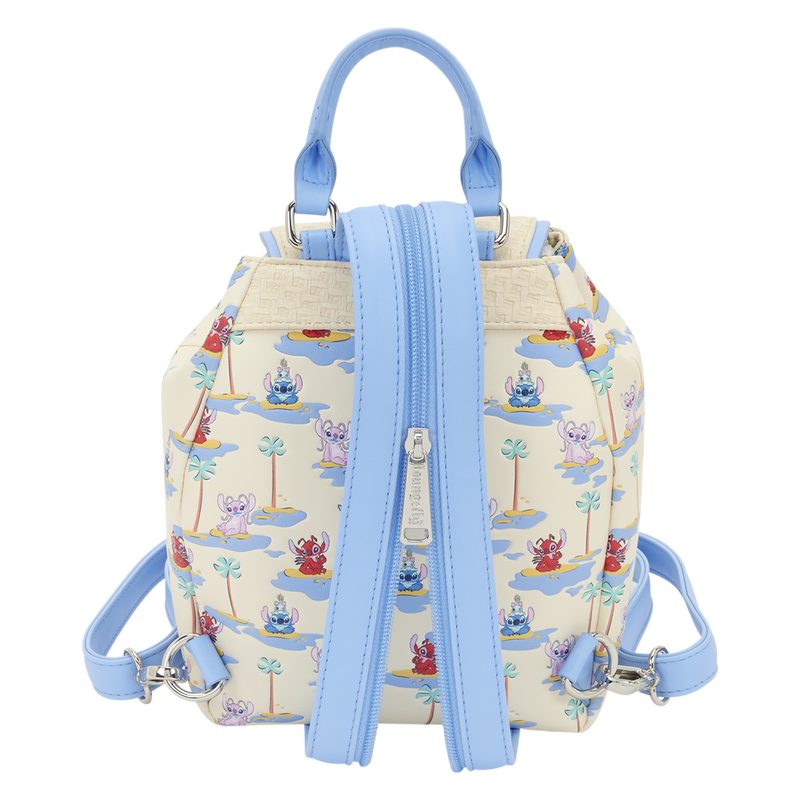 This sand-colored polyurethane backpack features an all-over pattern with images of Stitch, Angel, and Leroy at the beach with palm trees and water. The top flap has a basket weave texture and a Stitch-shaped turnlock.