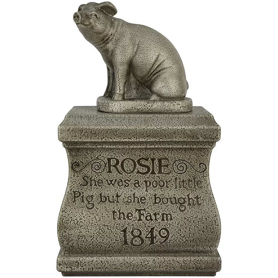 At 2.3 feet tall, this tombstone features Rosie the Pig on top. "She was a poor little Pig but she bought the Farm," reads the epitaph.