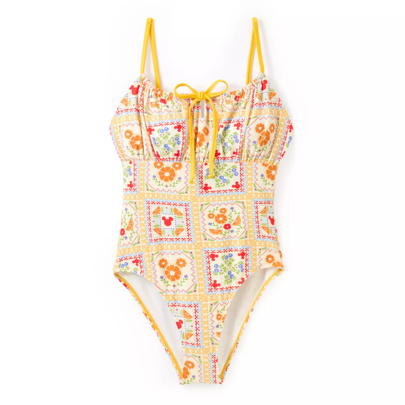 In a vibrant orange, this one-piece swimsuit is covered in Mickey icon-shaped oranges in a series of tile designs. In addition to the fruit are red Mickey icons and florals in red, white, and periwinkle.