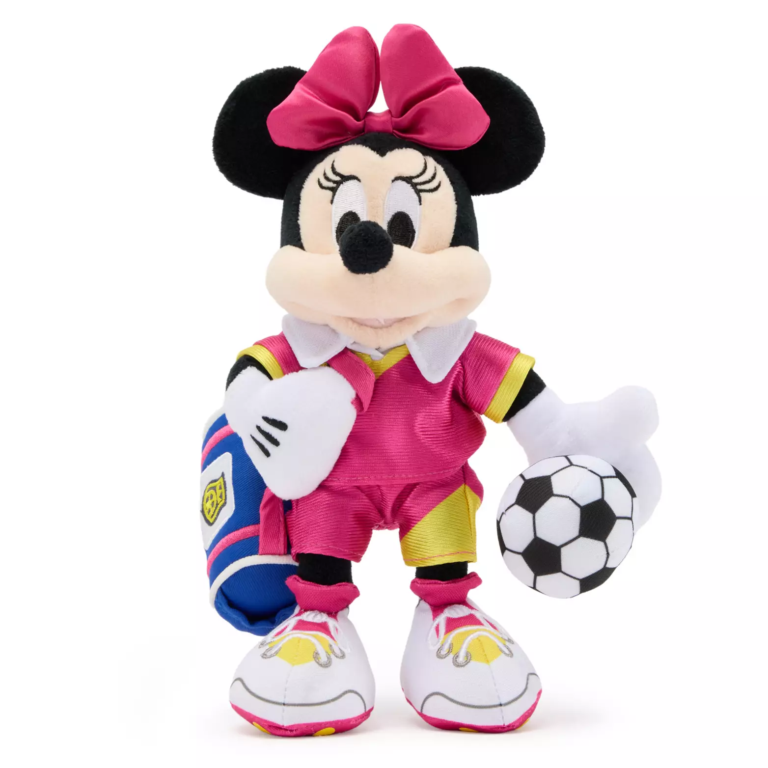 Meanwhile, Minnie's soccer ensemble is pink and yellow with a vibrant pink bow between her ears. She is wearing white cleats with a pink bottom and alternating yellow and pink laces.