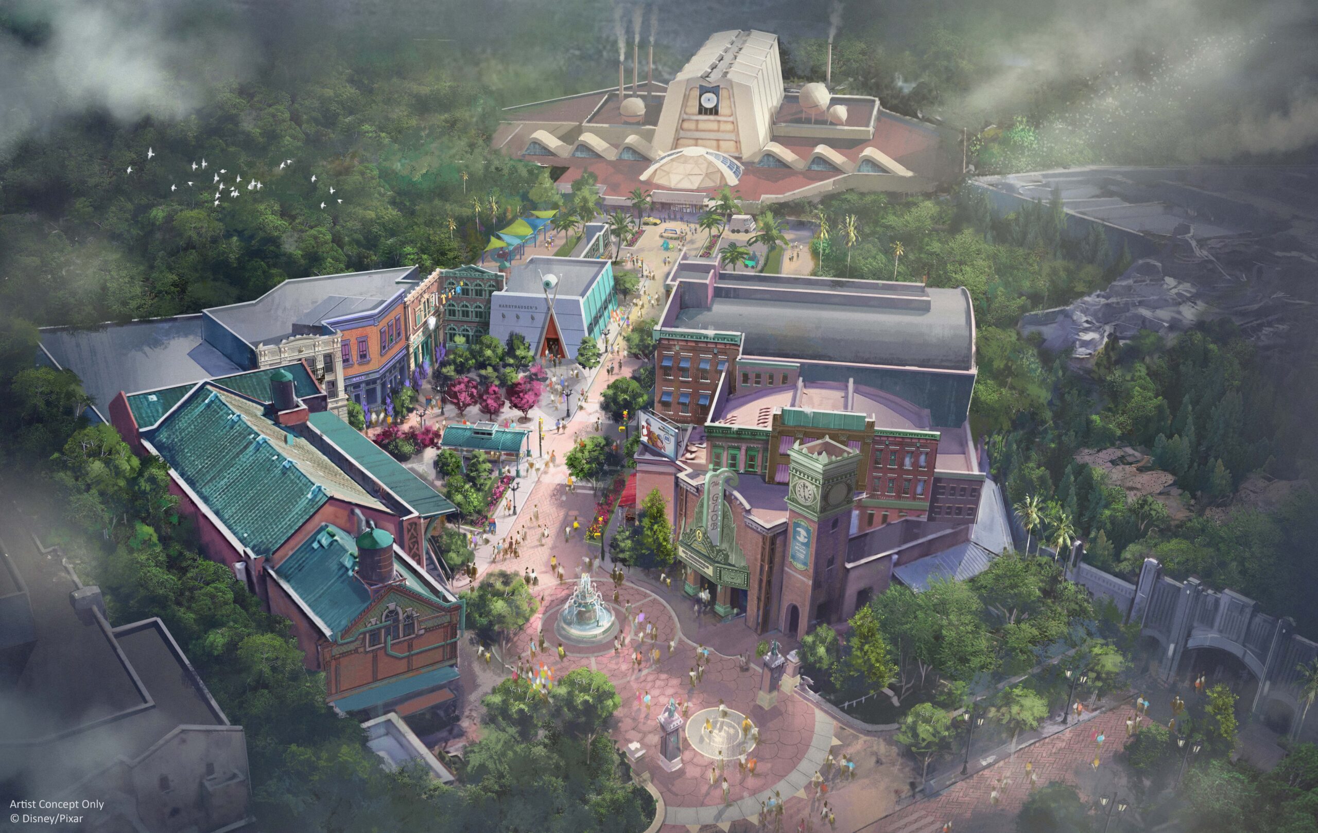 In the concept art for Monstropolis, the entrance will have four columns, two tall ones and two short ones, with planters on both sides. In the artwork, these columns are parallel to the main walkway to Star Wars: Galaxy's Edge. The aerial photos provided by @bioreconstruct show a distinct change from the drawing.