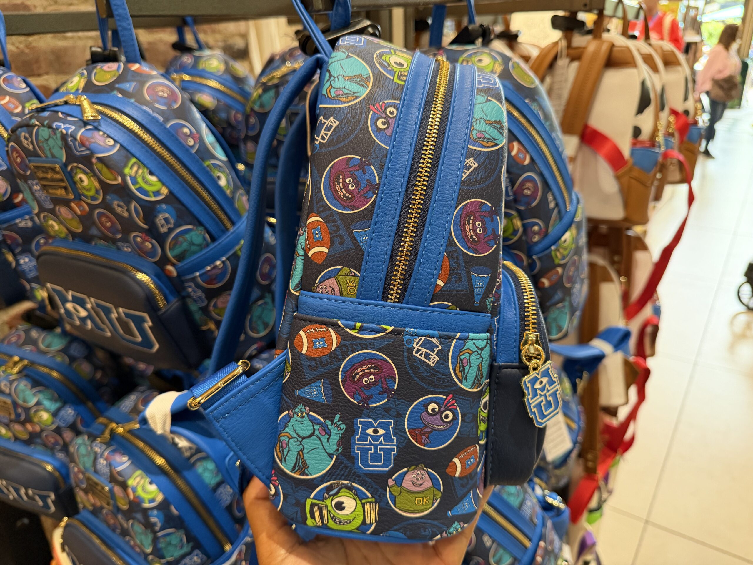 The same pattern on the front follows around to the back, as well as the inside of the bag. While the two backpack straps are plain blue.