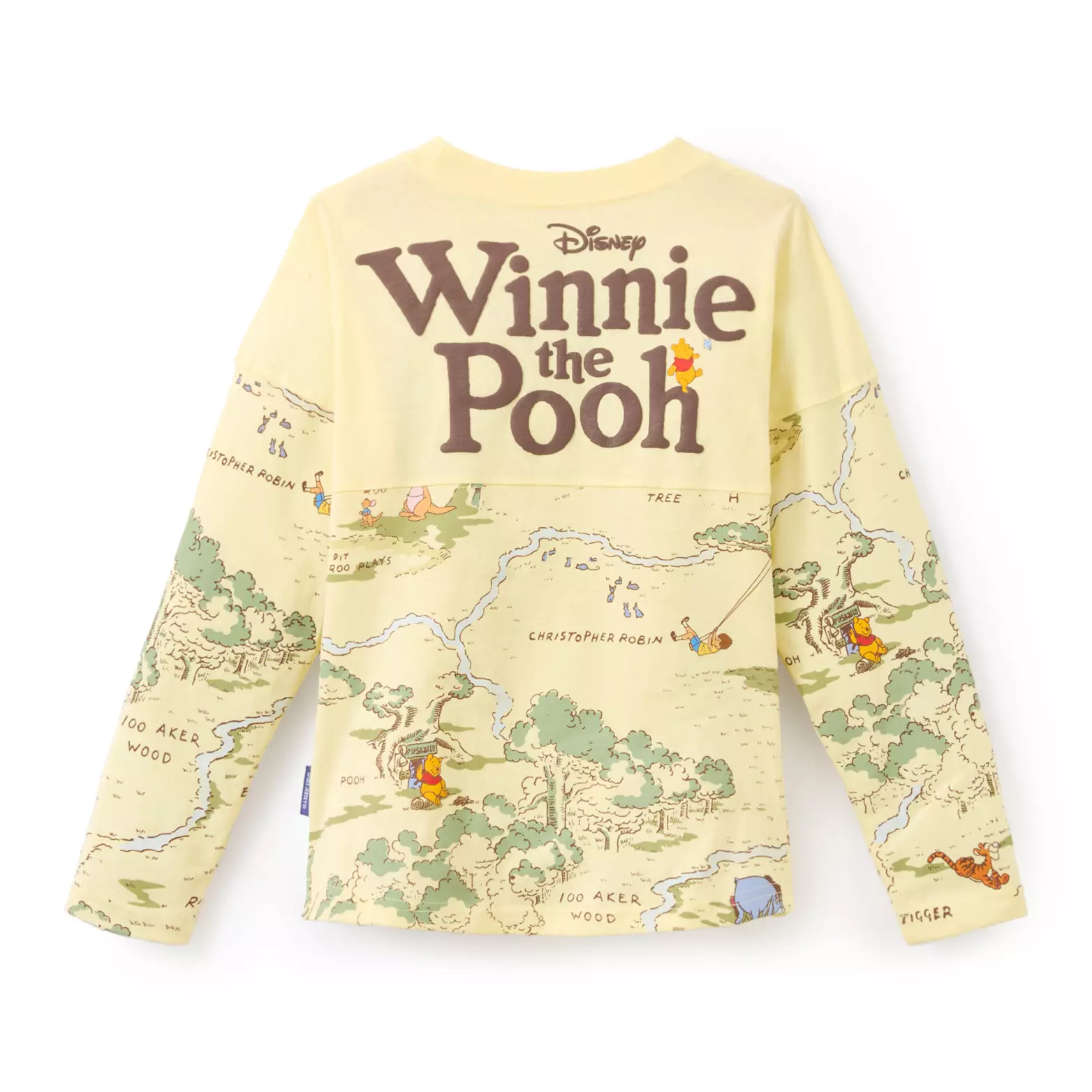 On the back is a continuation of the map in the same bottom 2/3 of the Spirit Jersey. Across the shoulders, we see "Winnie the Pooh" in large, brown text. Pooh is dancing and looking at a butterfly on the arch of the letter "h."