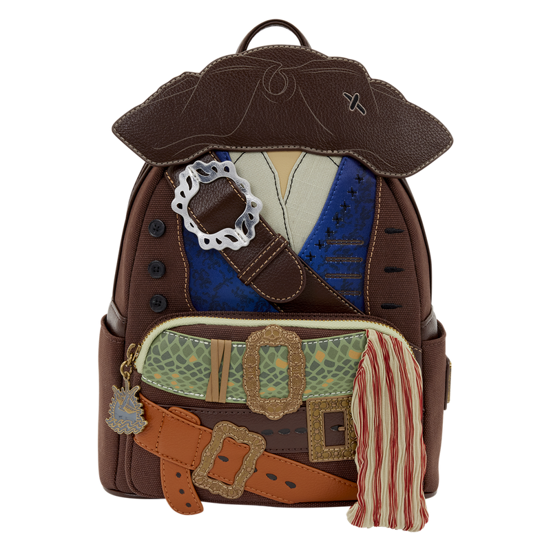 Inspired by Jack's costume, the bag is mostly a textured brown fabric with a tricorn hat appliqué on the front. A brown buckled strap crosses the front over blue and white shirt pieces. This is framed by real buttons and embroidered "holes."