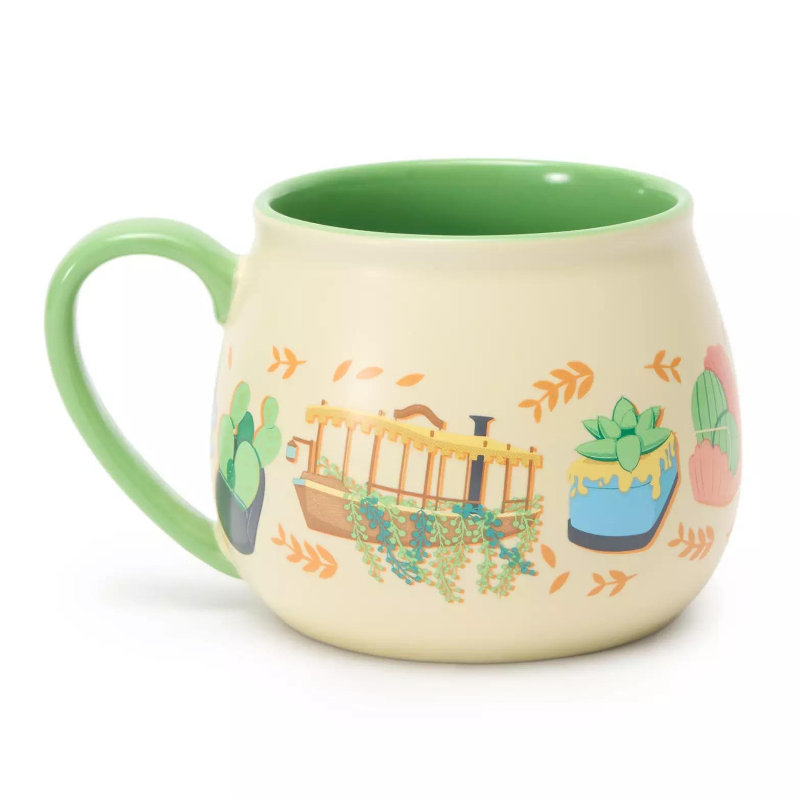 Ivory with a light green handle, this mug shows all kinds of pokey plants and iconography from the Disney Parks, such as Dumbo the Flying Elephant or a Jungle Cruise boat. It reads “Prickly before coffee” on the back.