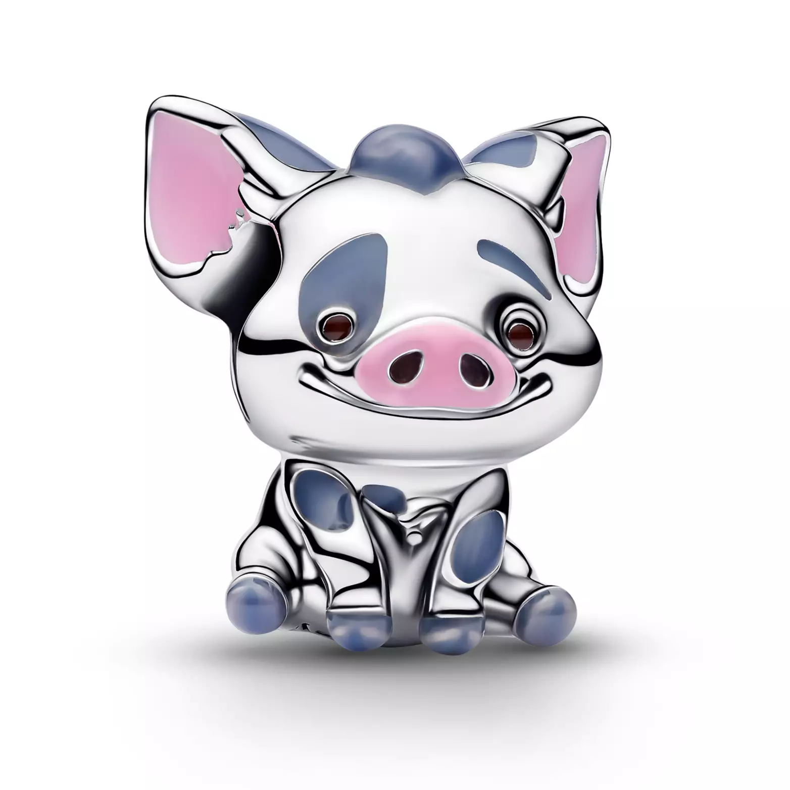 This charm of Pua, Moana's trusty pig, is silver for the front of his nose and the insides of both ears, which are pink enamel, and his spots and feet, which are gray enamel.