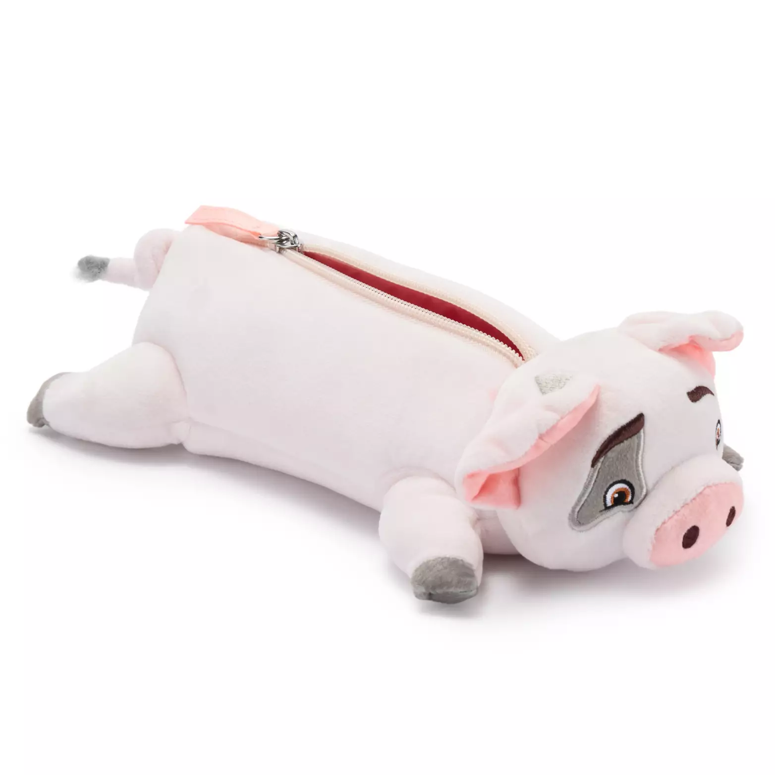 In light pink, this Pua plush pencil case also has embroidered details. His eyes, snout, and eyebrows all feature embroidery. His plush tail has a fuzzy grey tuft at the end, and the zipper down the center of his back matches the rest of the plush.
