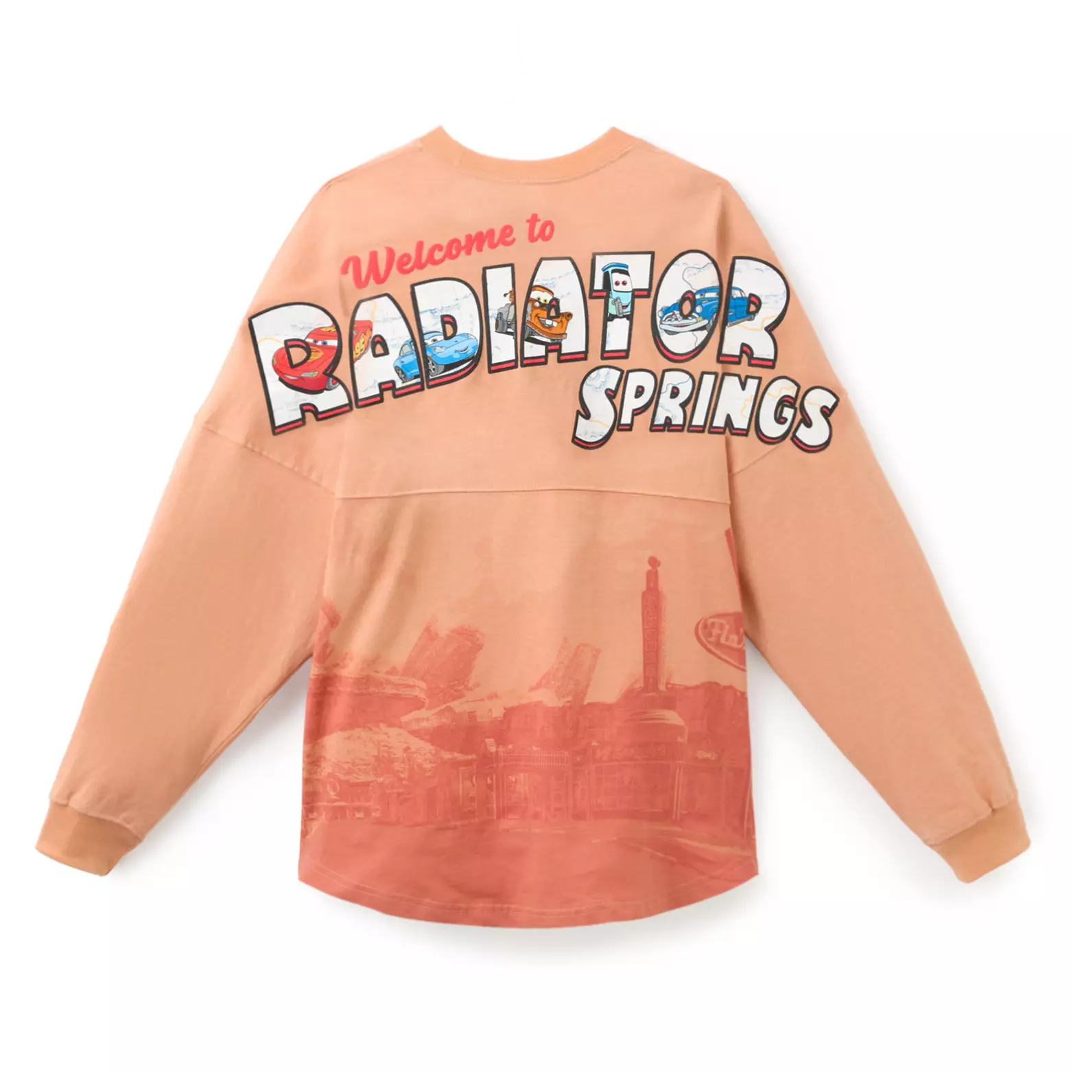 Das Bild der Stadt Radiator Springs wird auf der Rückseite des Spirit-Trikots wiederholt. Oben, über den Schultern, stehen die Worte 