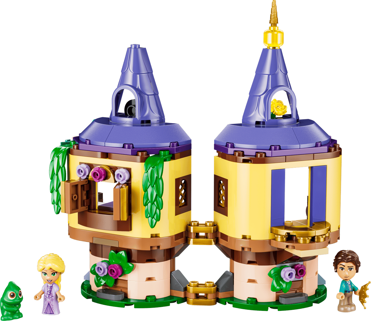 With just 171 pieces, this tiny tower set is rated for builders ages 5 and up. When built, the set reveals Rapunzel's Tower, which opens and has window and ledge areas to peek into from the front of the building. We can see a yellow rose propped up in one window, for instance.