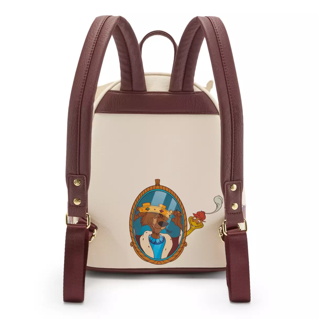 The bag has two chocolate brown straps. On the back of the bag, we see King John looking at himself in the mirror, adjusting his crown. Sir Hiss is seen peeking out from behind the mirror.