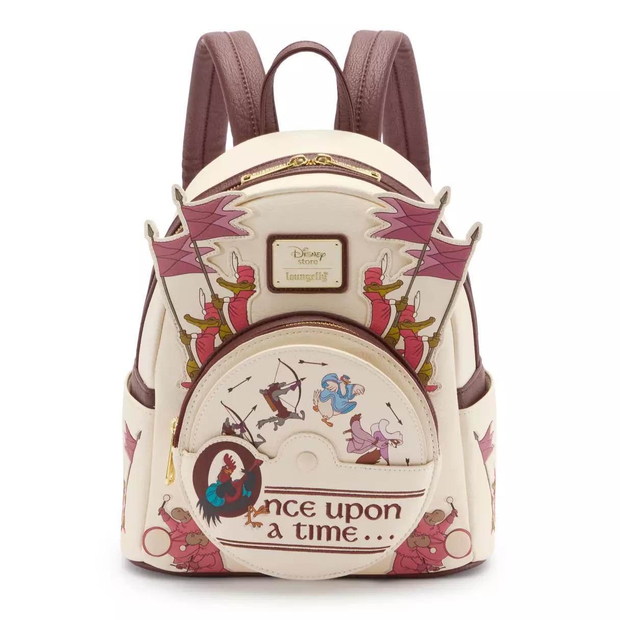 In an ivory and brown color scheme, this backpack showcases several characters from Robin Hood, from the heroic fox himself to unnamed supporting characters. There are exterior side pockets on both sides of the bag as well as an exterior, zippered front pocket and a main zippered pocket.