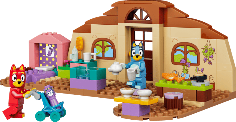 With 106 pieces, this set is rated a little higher for builders 4 years old and up. It includes mini-figures of Bluey and Rusty playing at their school. In addition to the school play set, other accessories with this set include the baby doll, a faish, two waffles, a teapot, and a bottle incubator.