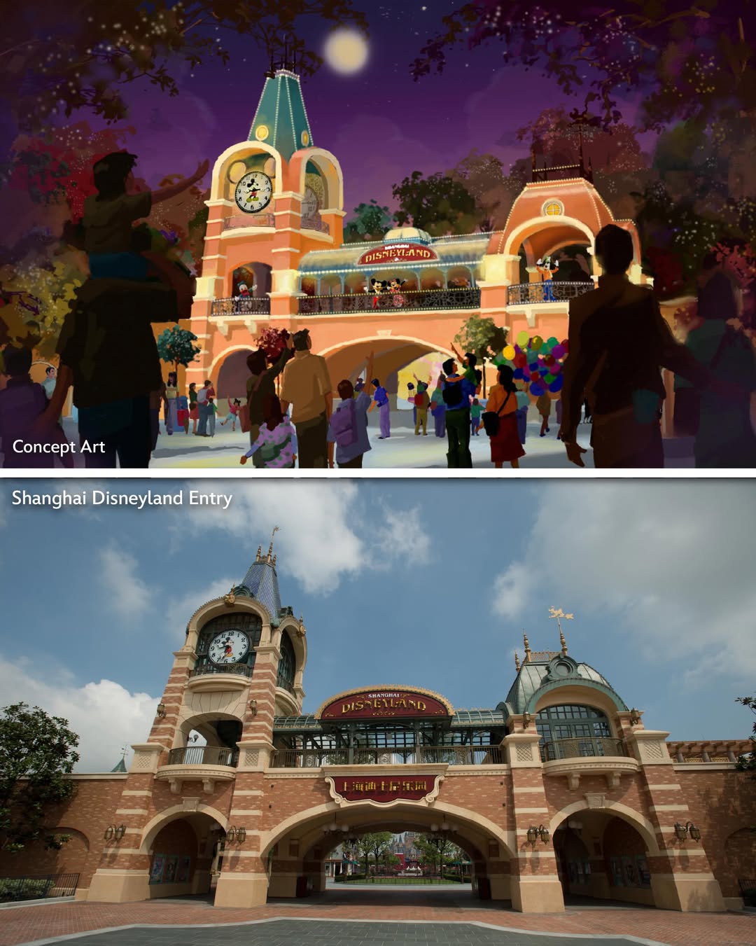 Then we see the entryway to Shanghai Disneyland, complete with Mickey Clock Tower.