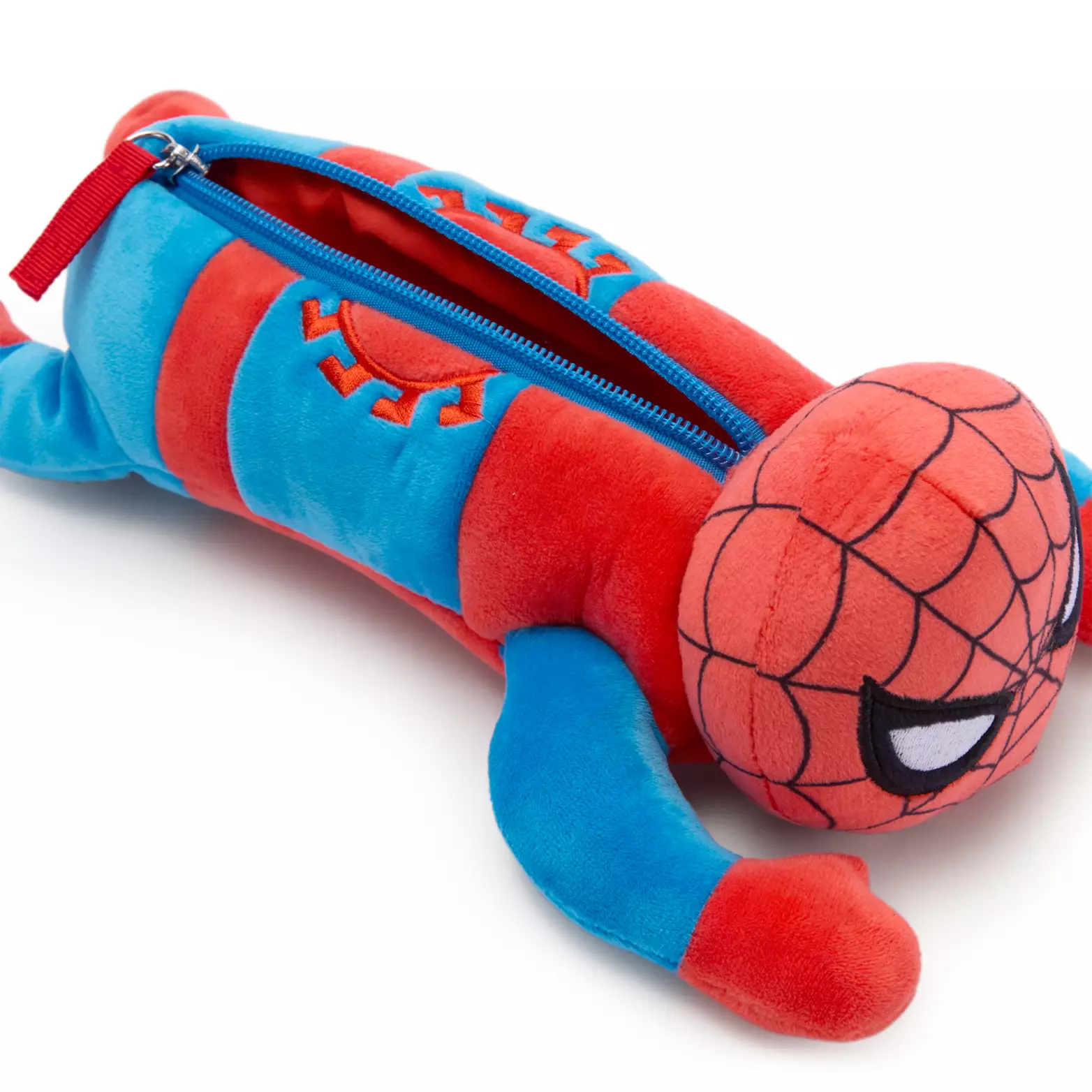 This Spider-Man plush pencil case shows Spidey in his suit, ready to save the city again. His eyes and the spider symbol on his back have embroidered details. The zipper down his back has a red zipper pull.