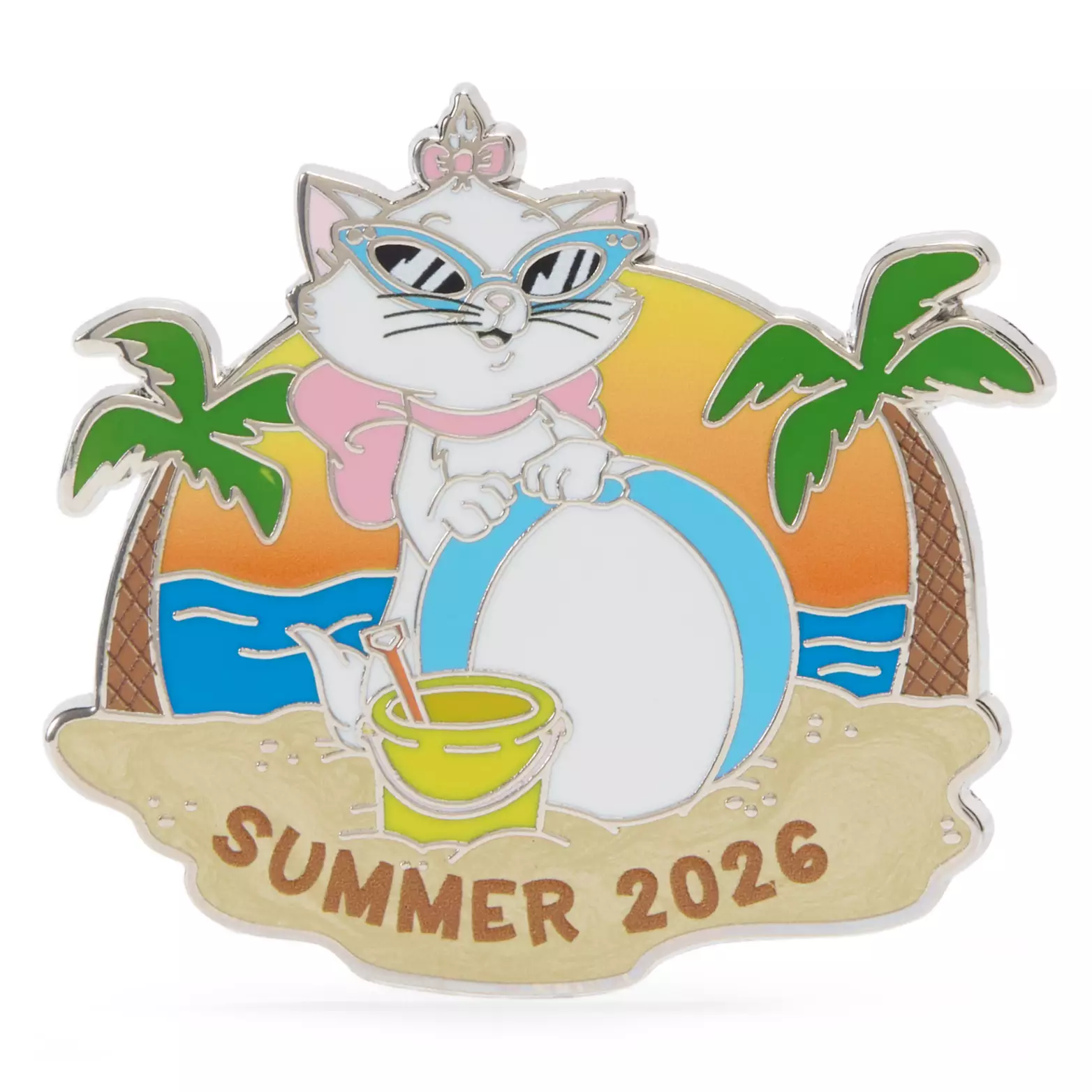 This pin shows Marie in her signature bow, wearing blue cat-eye sunglasses. She is standing with an oversized beachball on the beach. The ocean is behind her, and the pin is flanked by a palm tree on each side. Beneath the beach ball and sand pail is "Summer 2026" written in the sand.