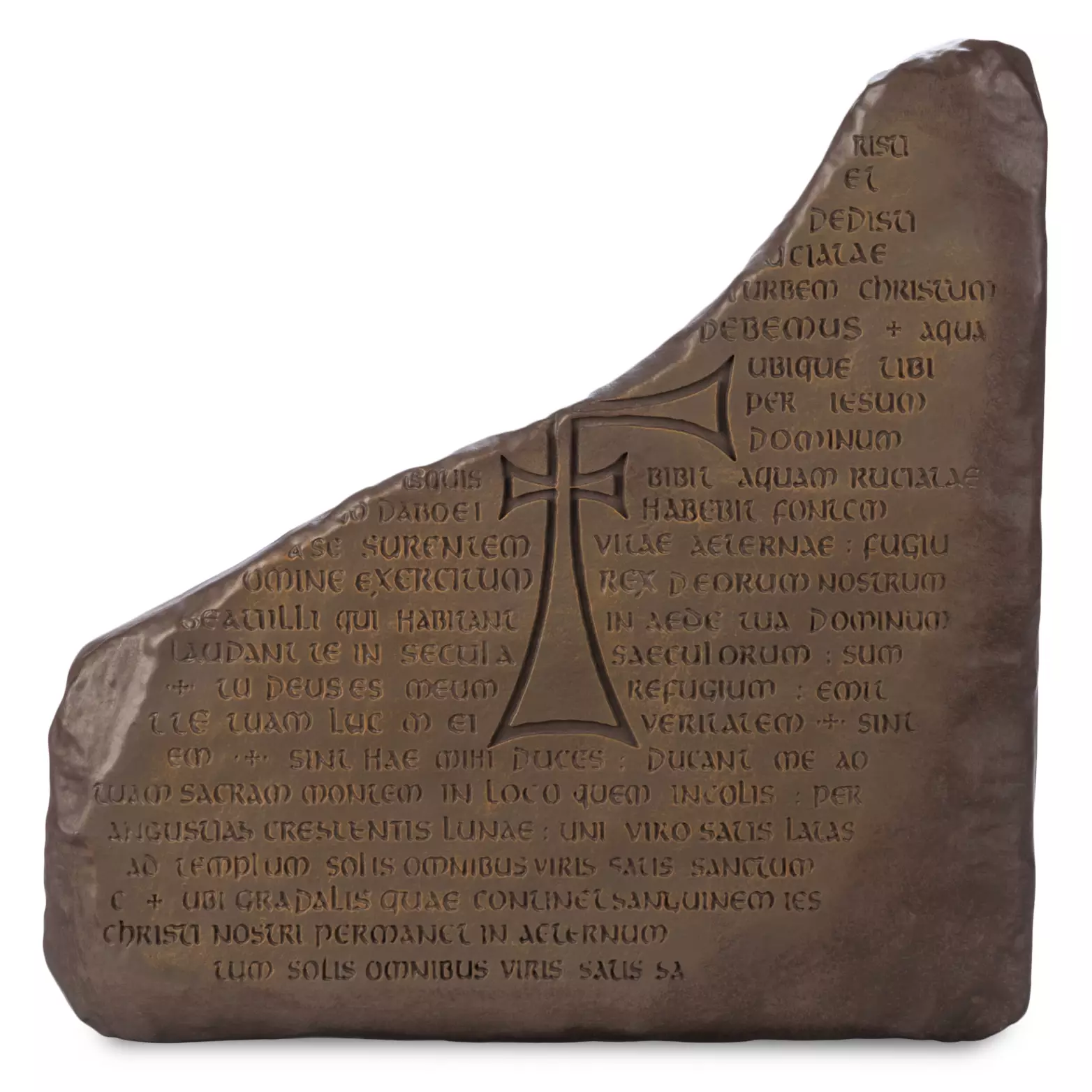 This replica represents the Holy Grail Tablet as seen in The Last Crusade. Fully sculpted out of resin, the table features recessed lettering and cross with a deliberately "broken" appearance. There are metal teeth on the back for hanging, or the table can be displayed on the included clear plastic display stand.