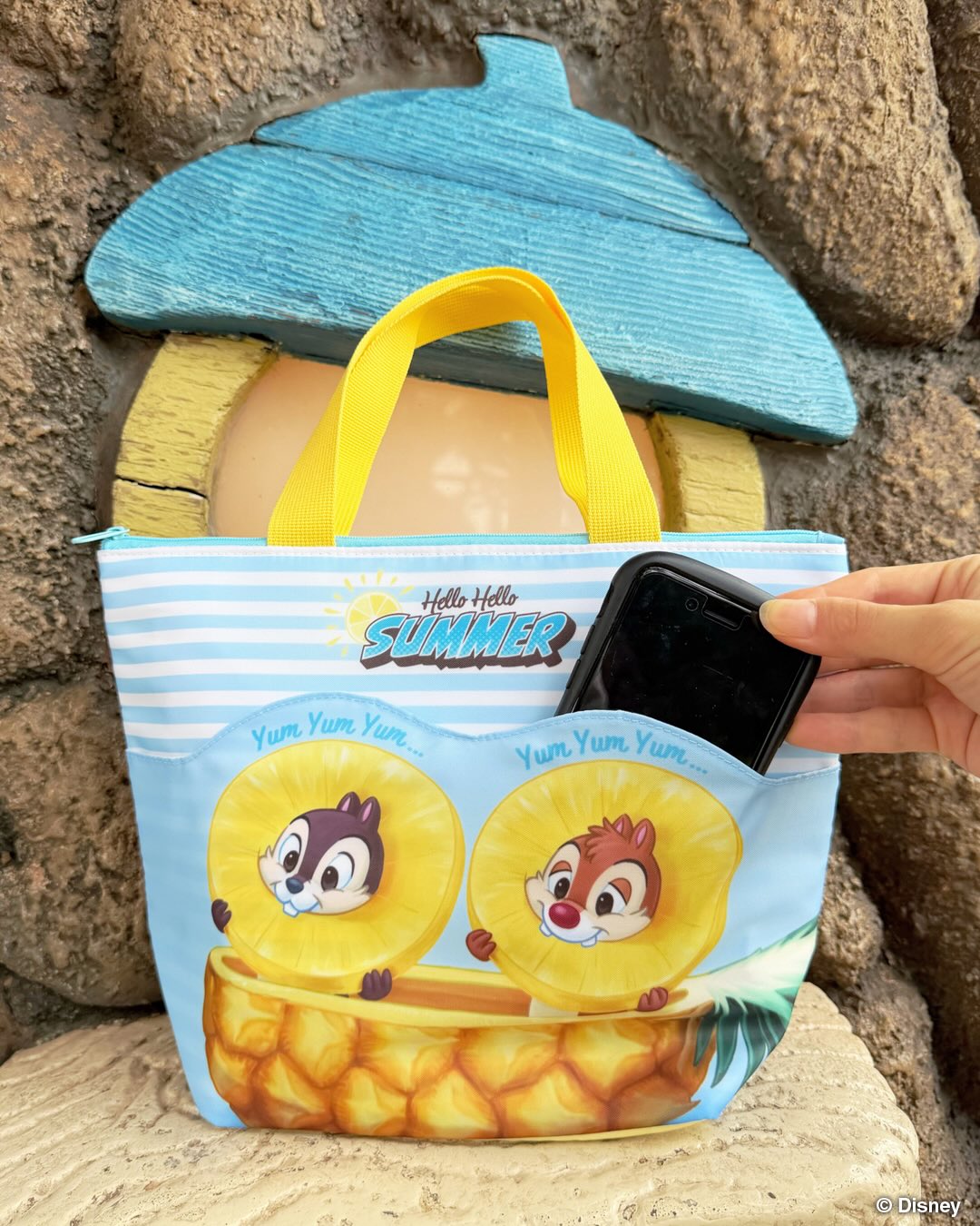 There is also a Souvenir Lunch Case in the same style. It has a Chip n Dale section pocket for small items. The souvenir case has blue and white stripes with an image of Chip n Dale eating a slice of pineapple as they sit in a boat of the fruit. Text at the top of the bag reads, "Hello Hello Summer," and the top handles are yellow.