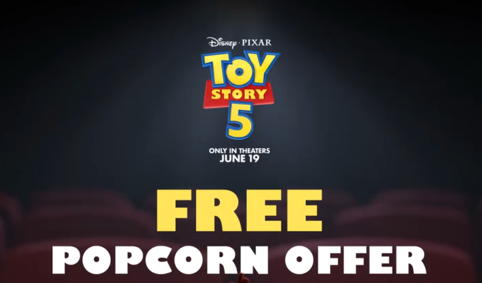 Free small popcorn for Regal Crown Club members who watch Toy Story 5 in theaters.