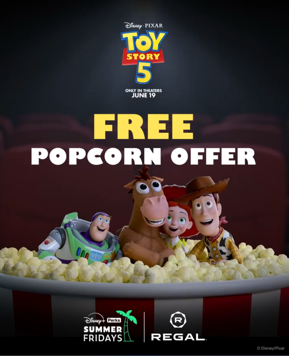 Buzz Lightyear, Bullseye, Jessie, and Woody sitting in a tub of popcorn with the text "Free Popcorn Offer" above them.