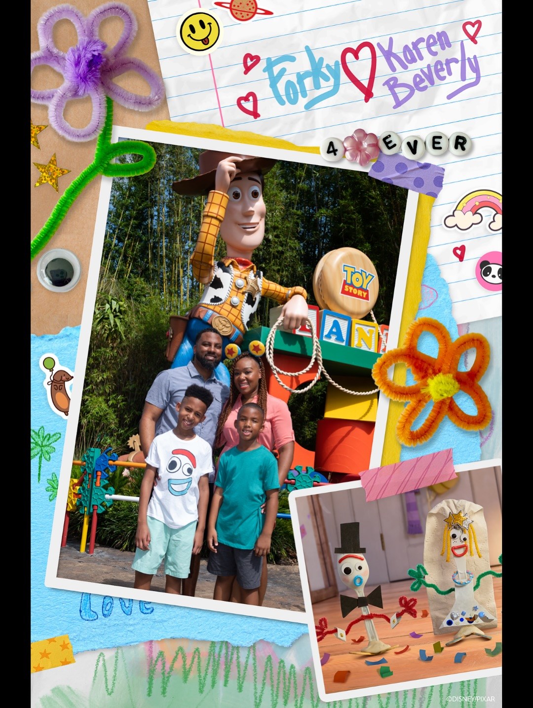 Celebrate the nuptials of Forky and Karen Beverly at the entrances of Toy Story Land. In this Magic Shot, you are in a scrapbook beside those two cutlery lovebirds.