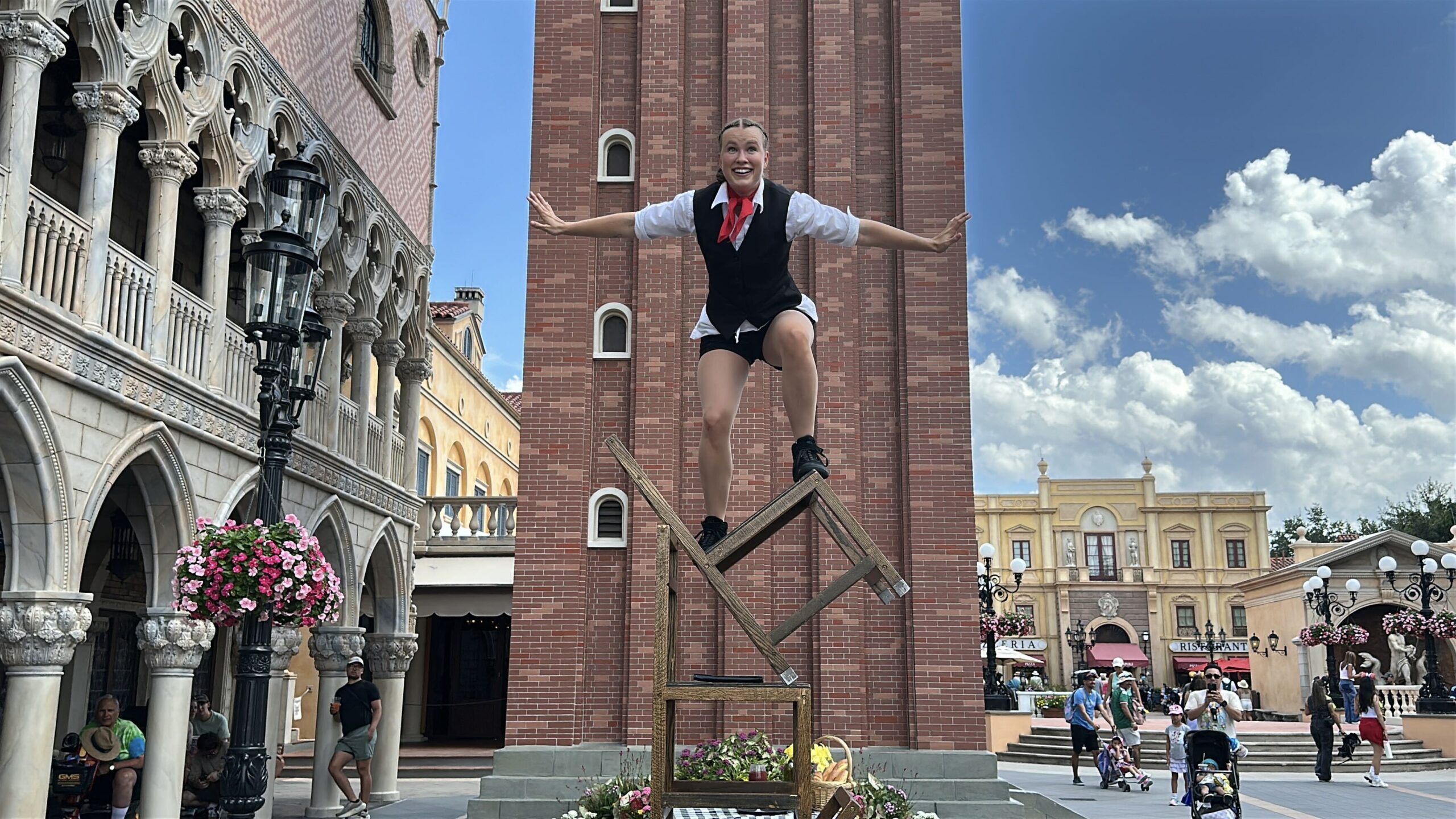The Acrobatico balancing act originally from EPCOT's France pavilion is currently performing in the Italy pavilion, apparently as a temporary replacement for master juggler Sergio.
