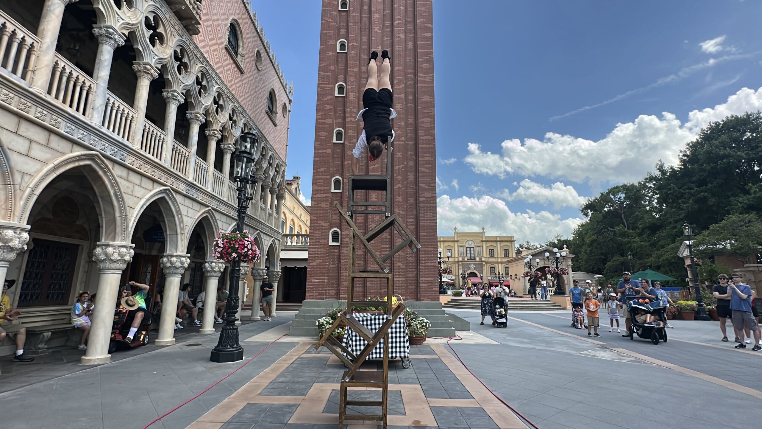 The Acrobatico balancing act originally from EPCOT's France pavilion is currently performing in the Italy pavilion, apparently as a temporary replacement for master juggler Sergio.