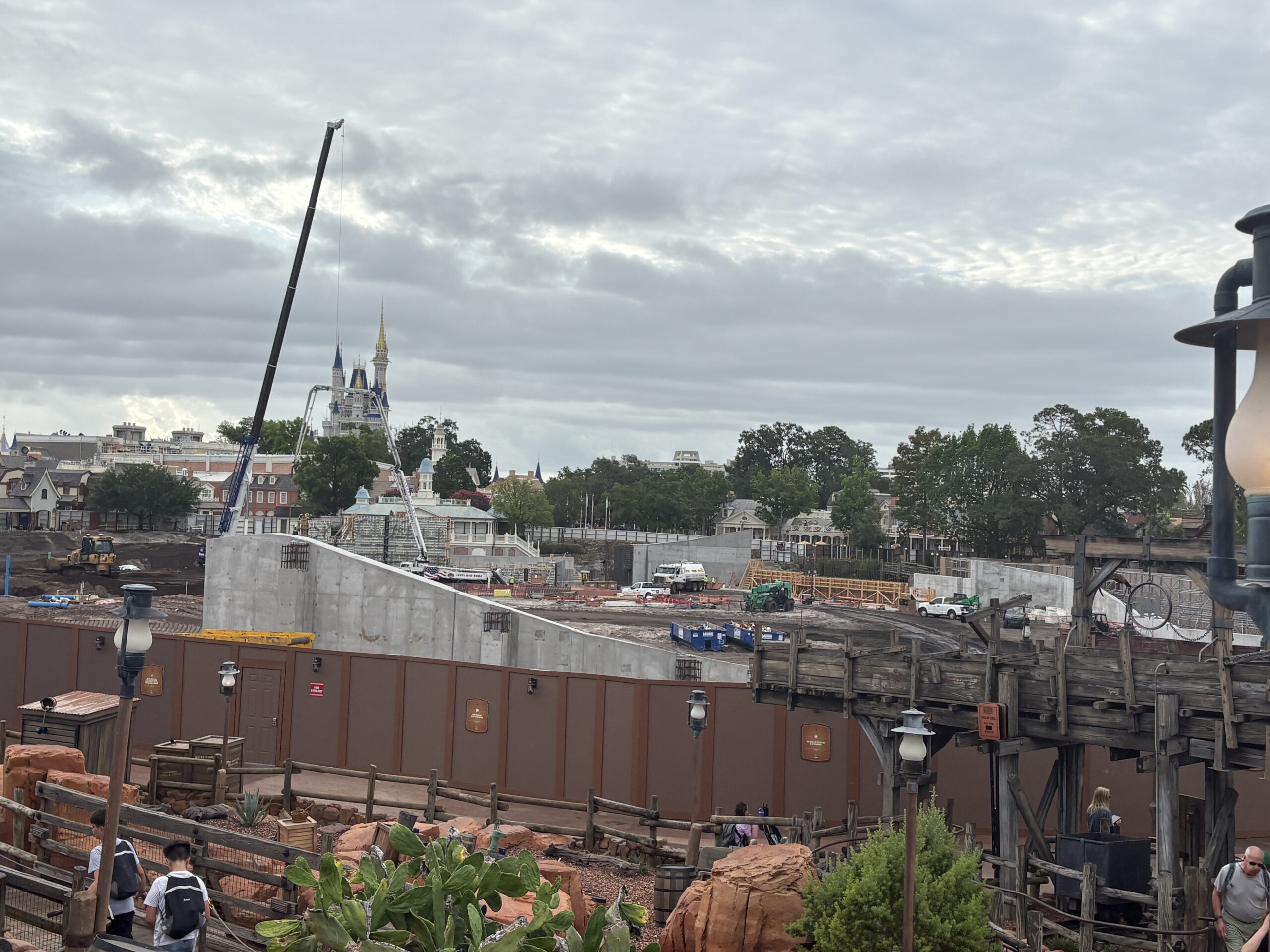Pipes have been installed in the ground throughout the Cars-themed Piston Peak National Park, currently under construction at Magic Kingdom. Work also continues on the retaining wall separating the new area from the rest of Frontierland.
