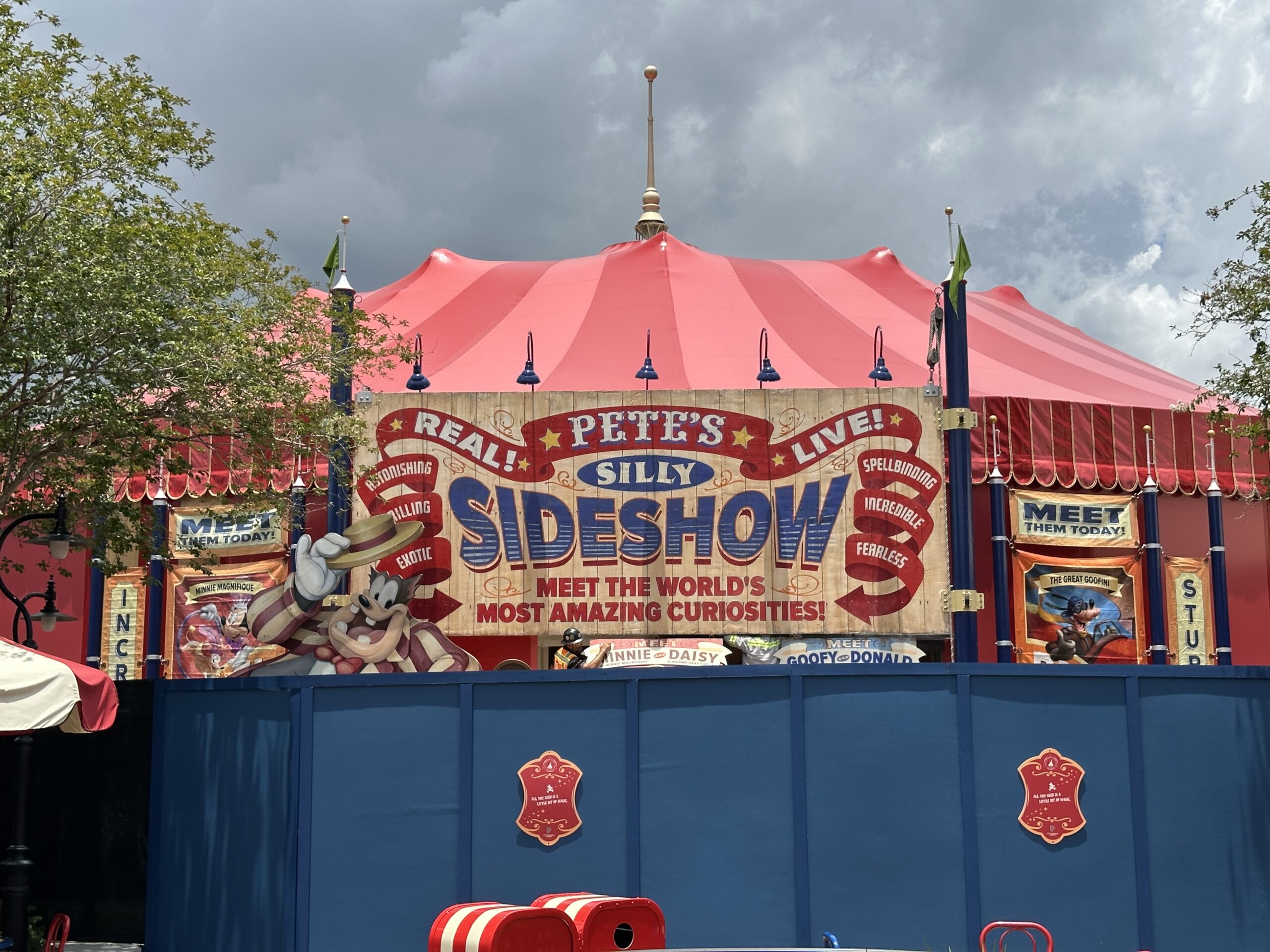 Crews have installed a new tent roof on Big Top Souvenirs in Magic Kingdom and are getting Pete's Silly Sideshow ready for an imminent reopening.