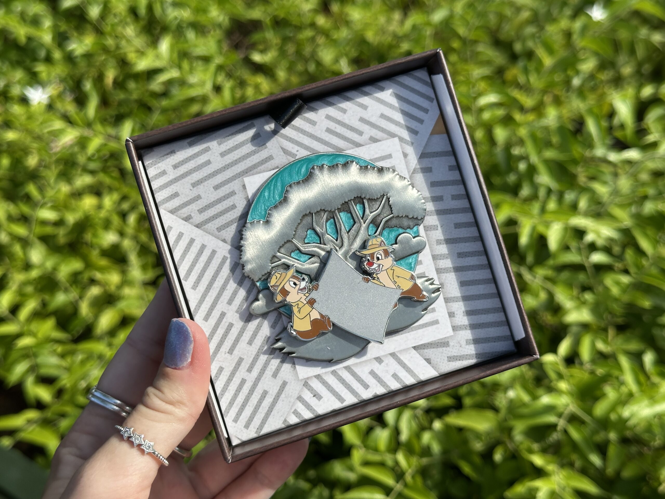 The Animal Kingdom mini jumbo pin features Chip 'n' Dale in detective outfits with a big piece of paper between them. The Tree of Life is in silver relief behind them, against a blue background. The packaging resembles a magnifying glass on brown leather.