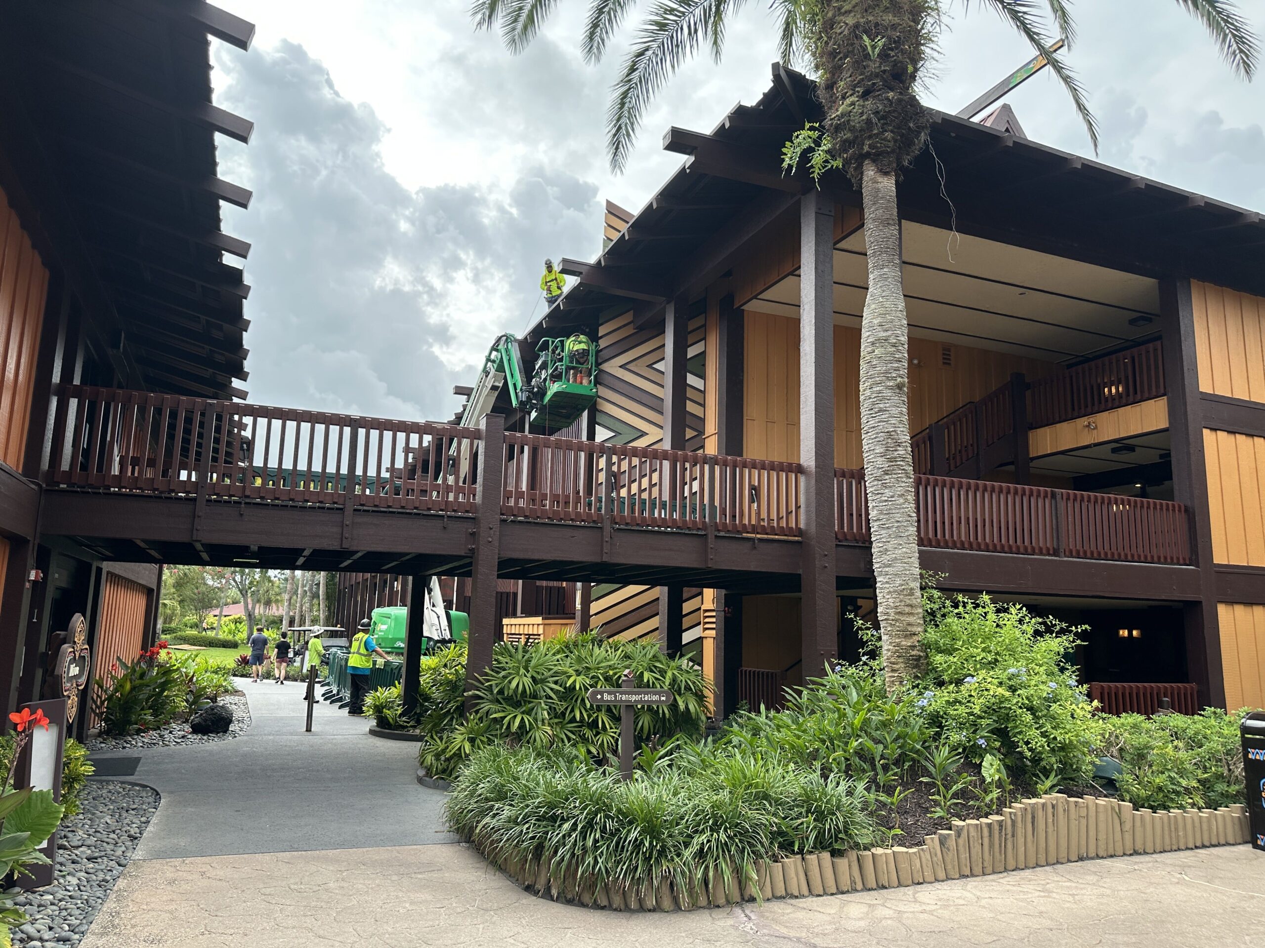 Crews continue to work on the Great Ceremonial House — the resort's lobby. A few weeks ago, the exterior vertical beams were repainted. Other elements have been replaced. On Wednesday, we saw crew members working where two walls meet.