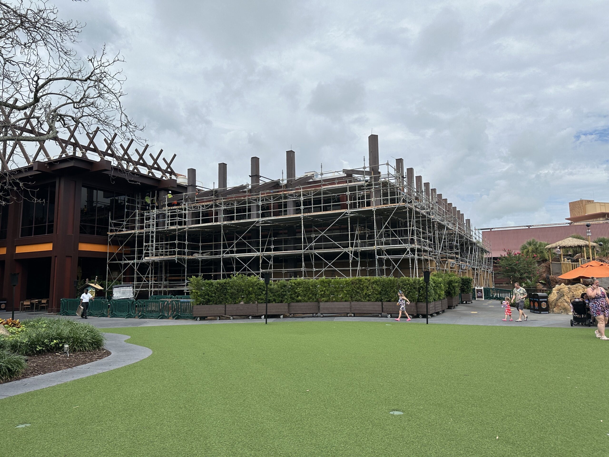Crews continue to work on the Great Ceremonial House — the resort's lobby. A few weeks ago, the exterior vertical beams were repainted. Other elements have been replaced. On Wednesday, we saw crew members working where two walls meet.