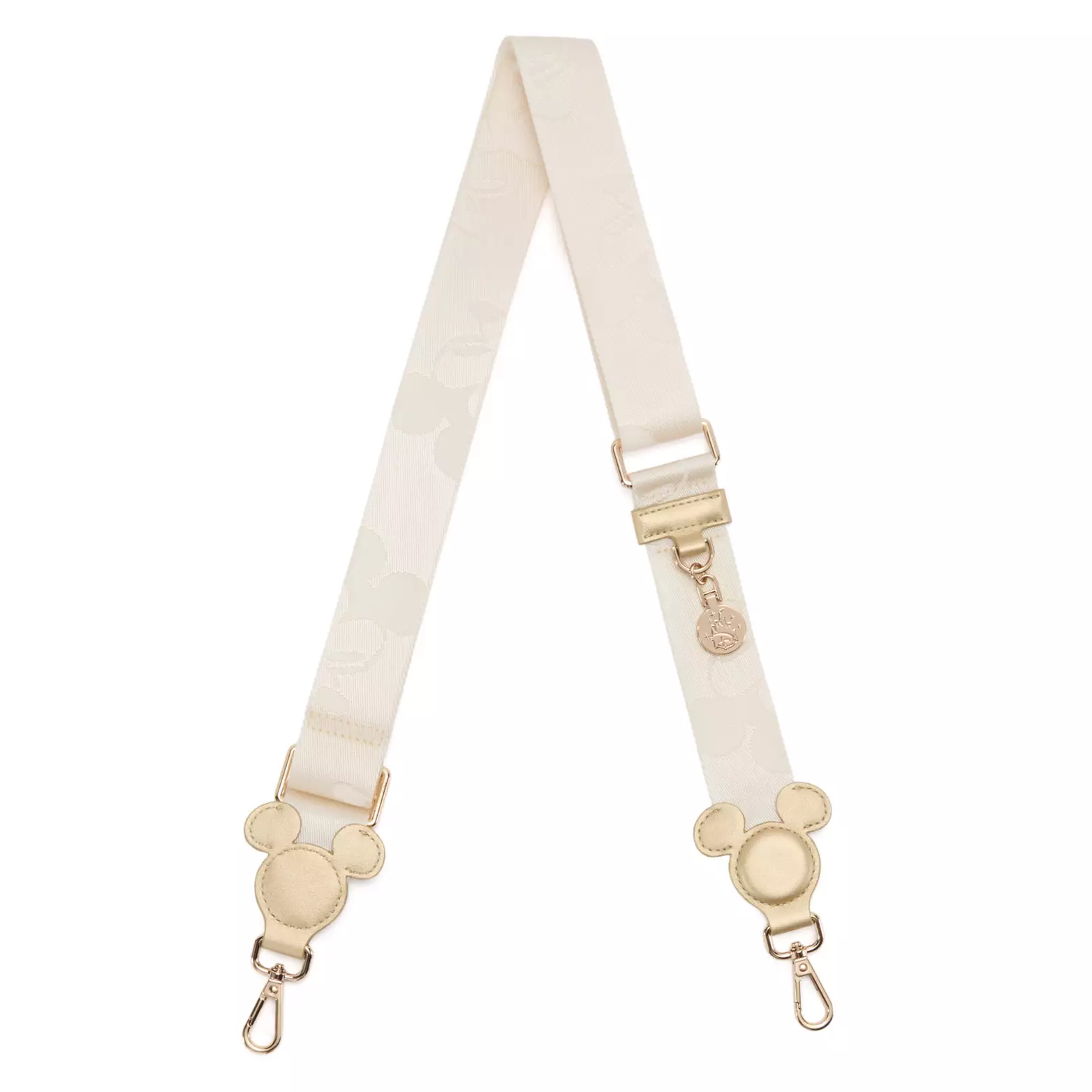 In a similar ivory tone, this bag strap has Mickey Mouse faces patterned throughout. It has lobster claw clips with a Mickey-shaped faux leather attachment to attach to the tote bag.
