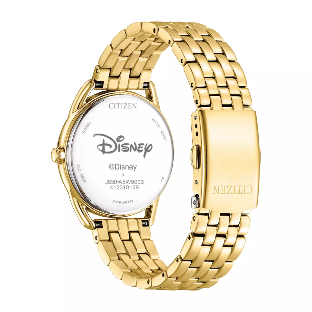 The back of the watch has the Disney wordmark. It uses Citizen’s Eco-Drive technology, meaning it is powered by the sun and never needs a battery. It is also water-resistant up to 30m.