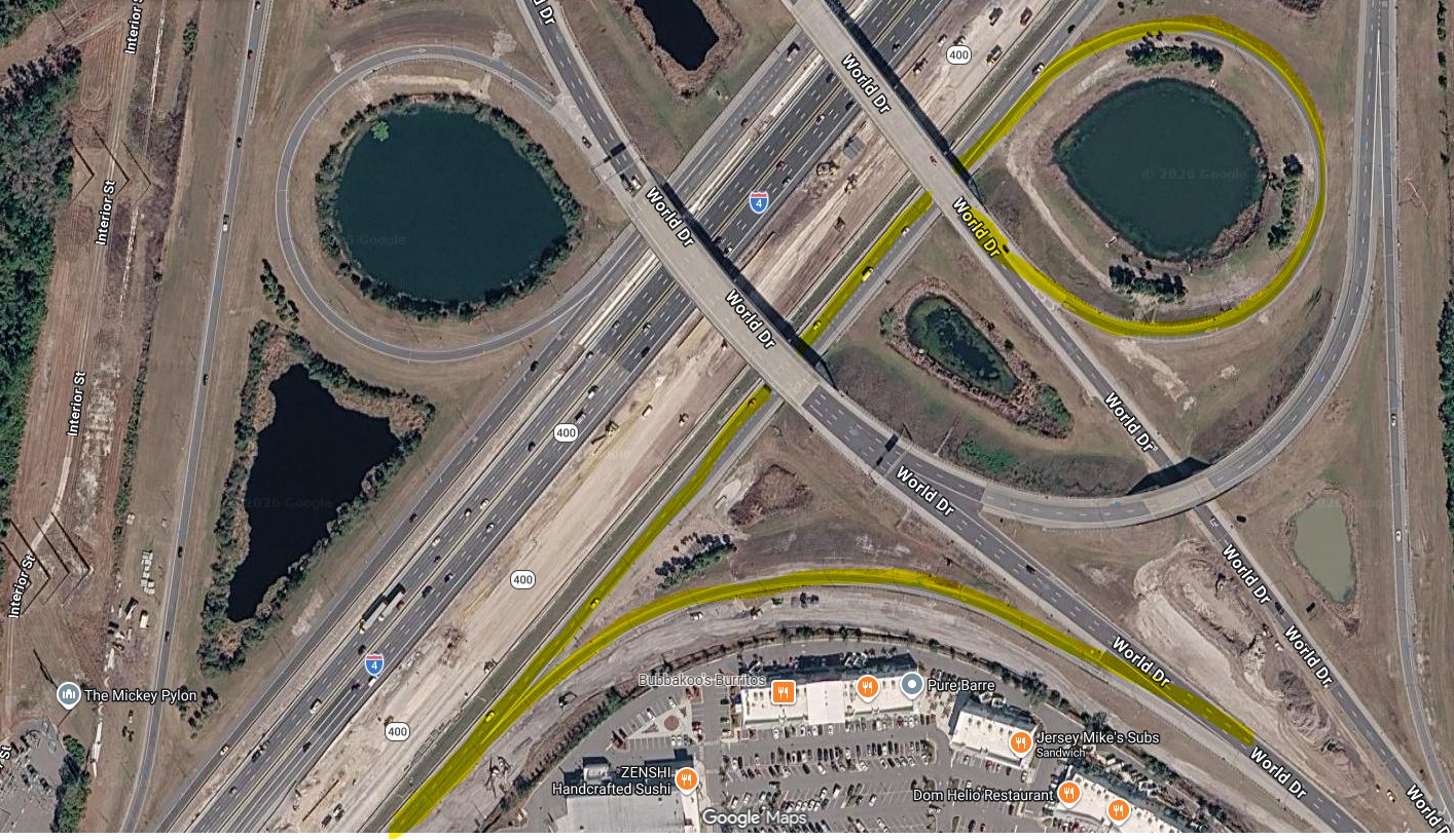 Previously, as seen in the above Google Maps image, guests traveling to Walt Disney World from the West would exit from I-4 on one ramp, in yellow. That ramp would then split traffic into northbound to Walt Disney World or southbound to Celebration.