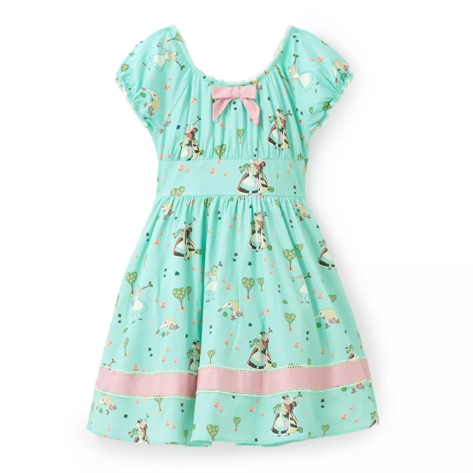 The Queen of Hearts-inspired mint dress has cuffed sleeves with delicate pink bow details. The pattern shows the Queen of Hearts playing croquet in her garden.