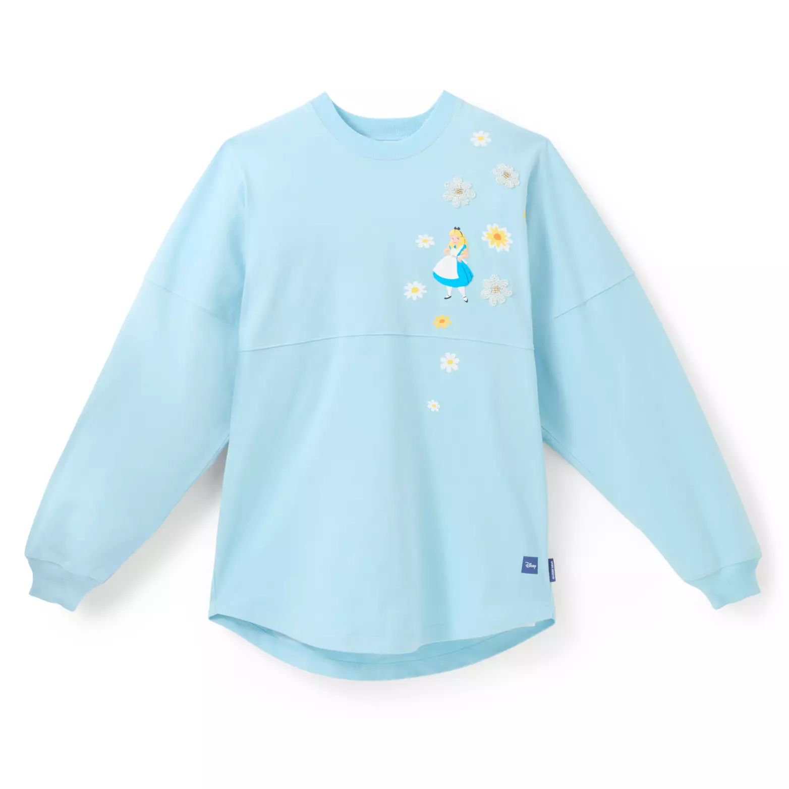 In light blue, the Spirit Jersey shows Alice standing among a handful of flowers on the chest. She sits in a bed of flowers on the back of the Spirit Jersey, beneath the film’s wordmark at the top, which is also surrounded by flowers.