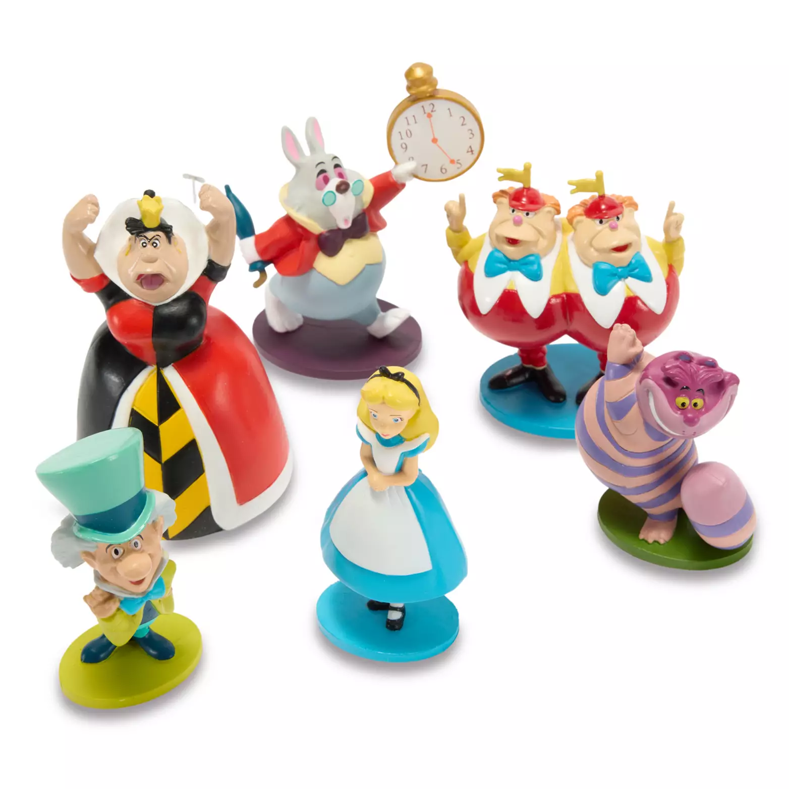 This figurine play set includes sculpted figures of Alice, the Mad Hatter, the Queen of Hearts, the White Rabbit (holding a large pocket watch), Tweedledee and Tweedledum, and the Cheshire Cat.