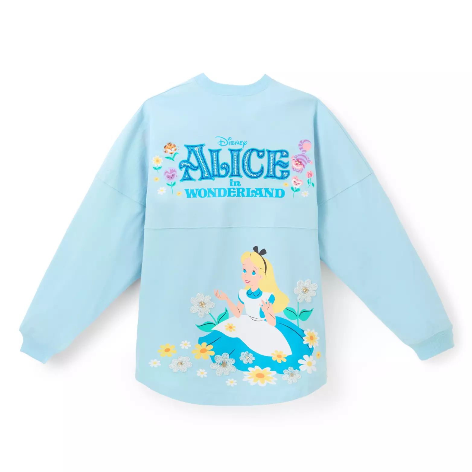 In light blue, the Spirit Jersey shows Alice standing among a handful of flowers on the chest. She sits in a bed of flowers on the back of the Spirit Jersey, beneath the film’s wordmark at the top, which is also surrounded by flowers.