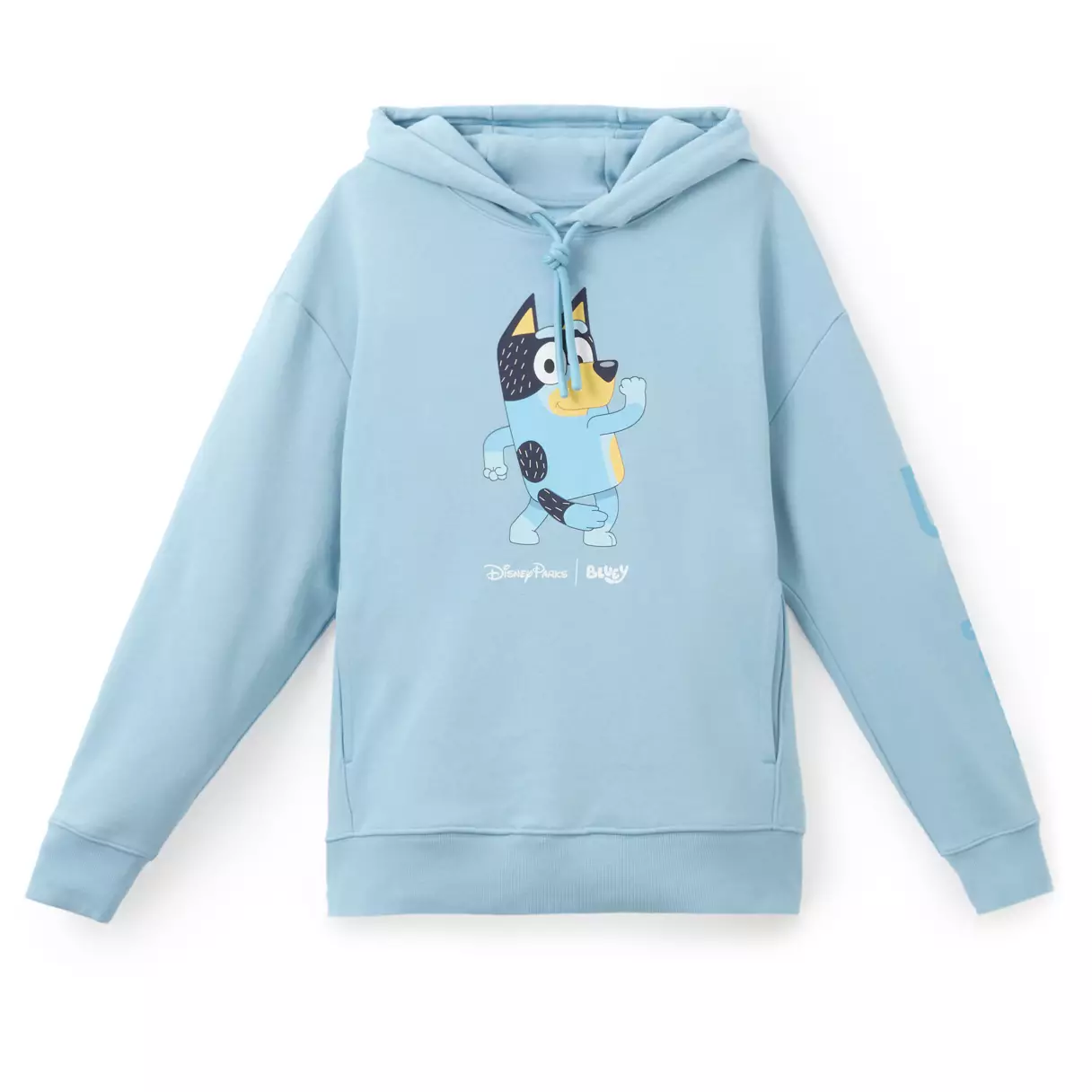 Bandit is seen, per usual, dancing on the front of this light blue hooded sweatshirt. Beneath him is the Disney Parks |Bluey wordmark in white. It says "Walt Disney World" on the left sleeve.