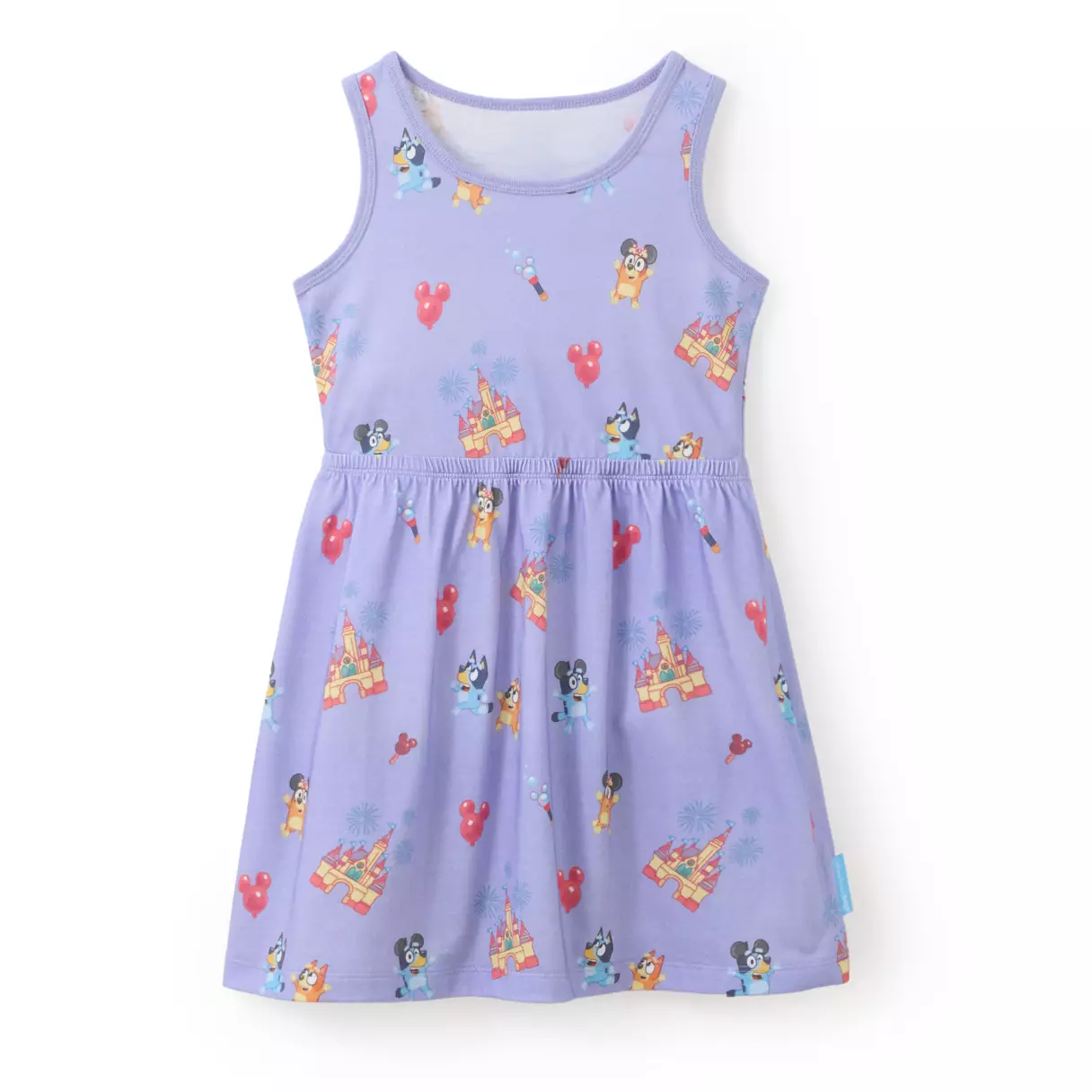 A sleeveless purple dress has images of Bluey, Bingo, a Mickey balloon, fireworks, a Mickey bubble wand, and the Fantasyland castle. It has an elastic waist.