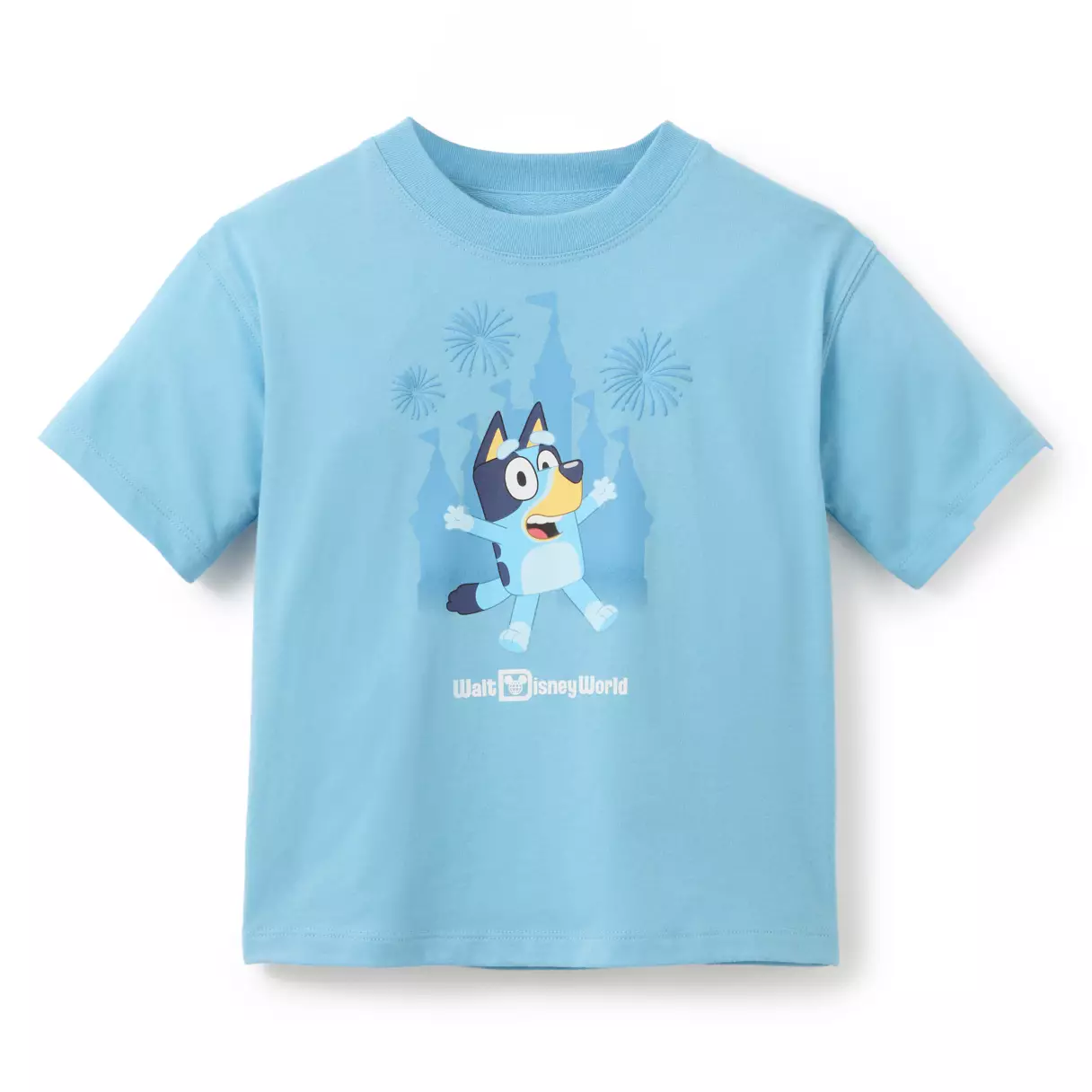 This light blue t-shirt has the same imagery as the hat above, but with the Walt Disney World wordmark in white at the bottom.