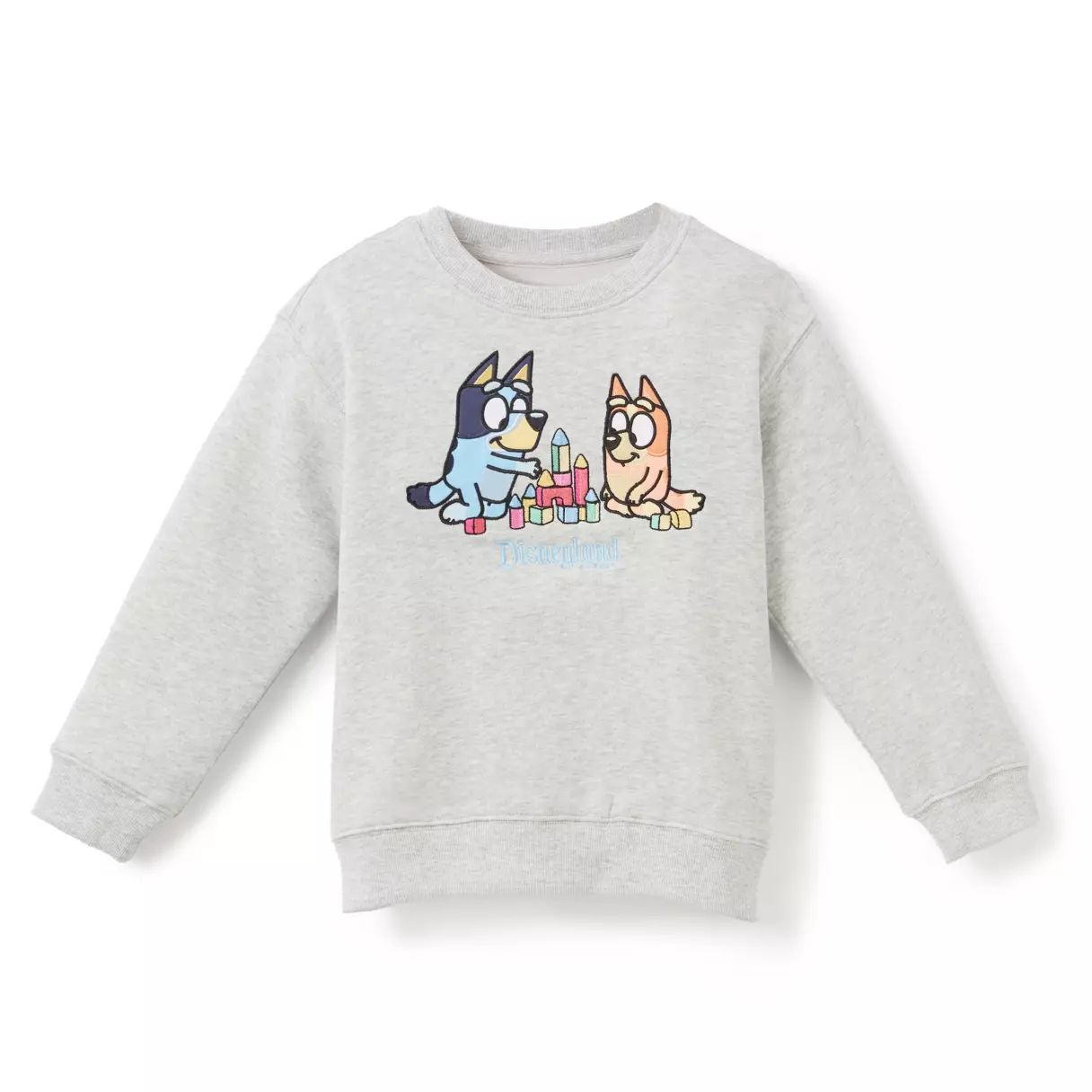 Bingo and Bluey are seen embroidered on the front of this heather grey youth hooded sweatshirt. The two sisters are playing with blocks. Beneath them is the Disneyland wordmark embroidered in light blue.